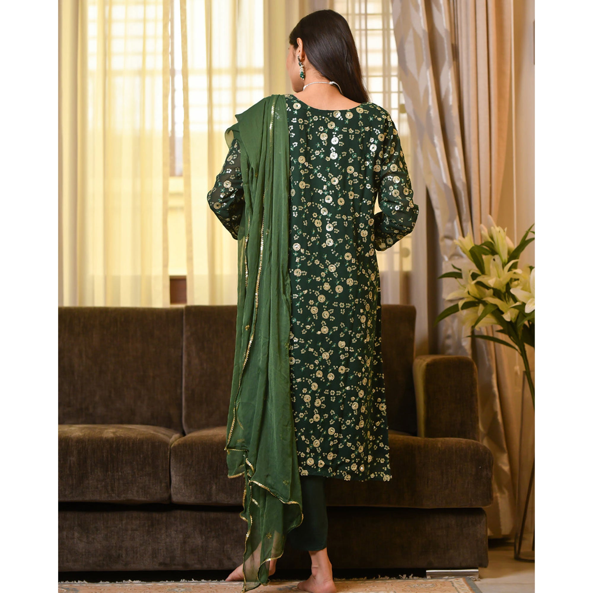 Green Sequins Embroidered Georgette Suit