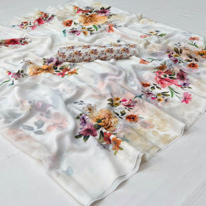 White Floral Digital Printed Georgette Saree