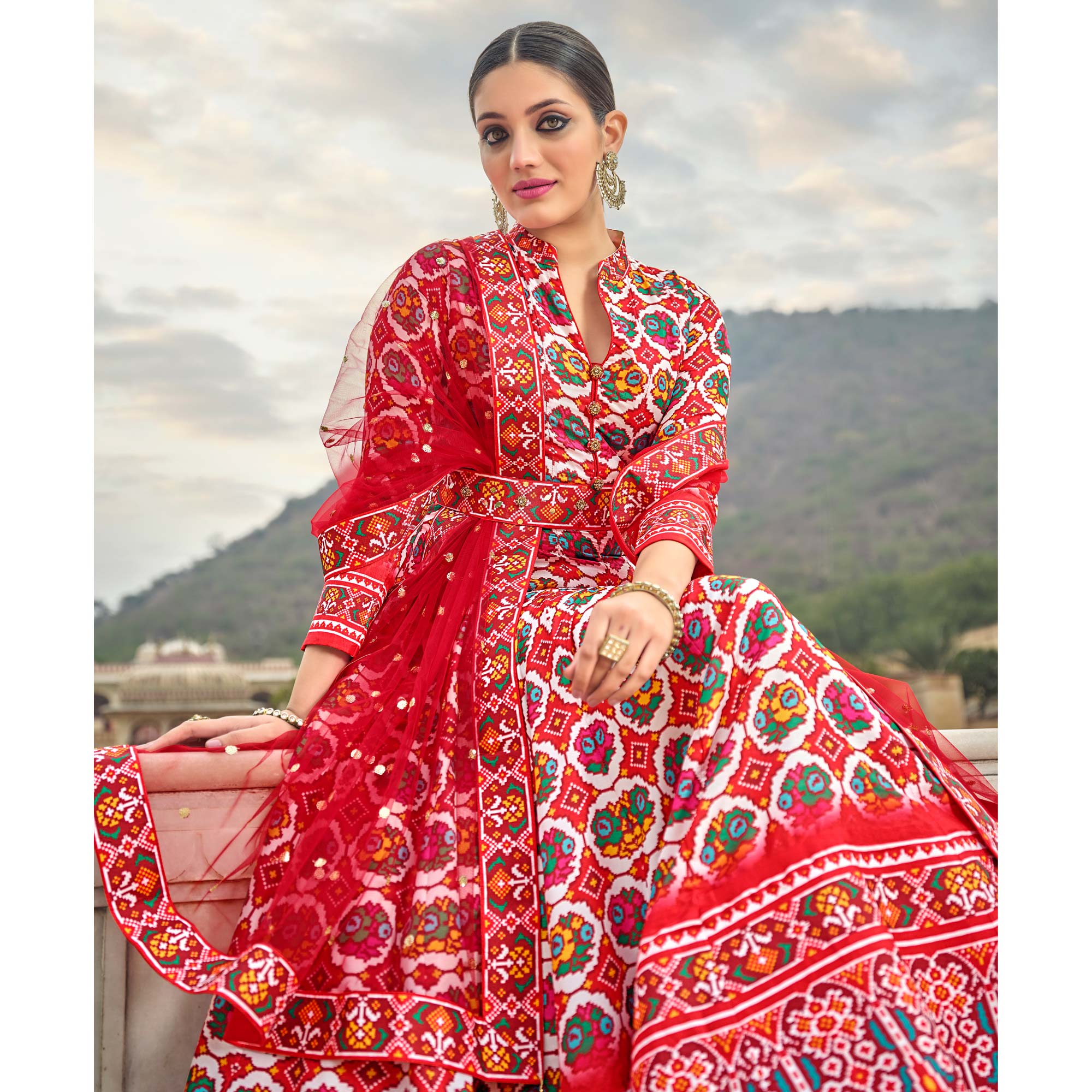 Red Patola Digital Printed Dola Silk Gown