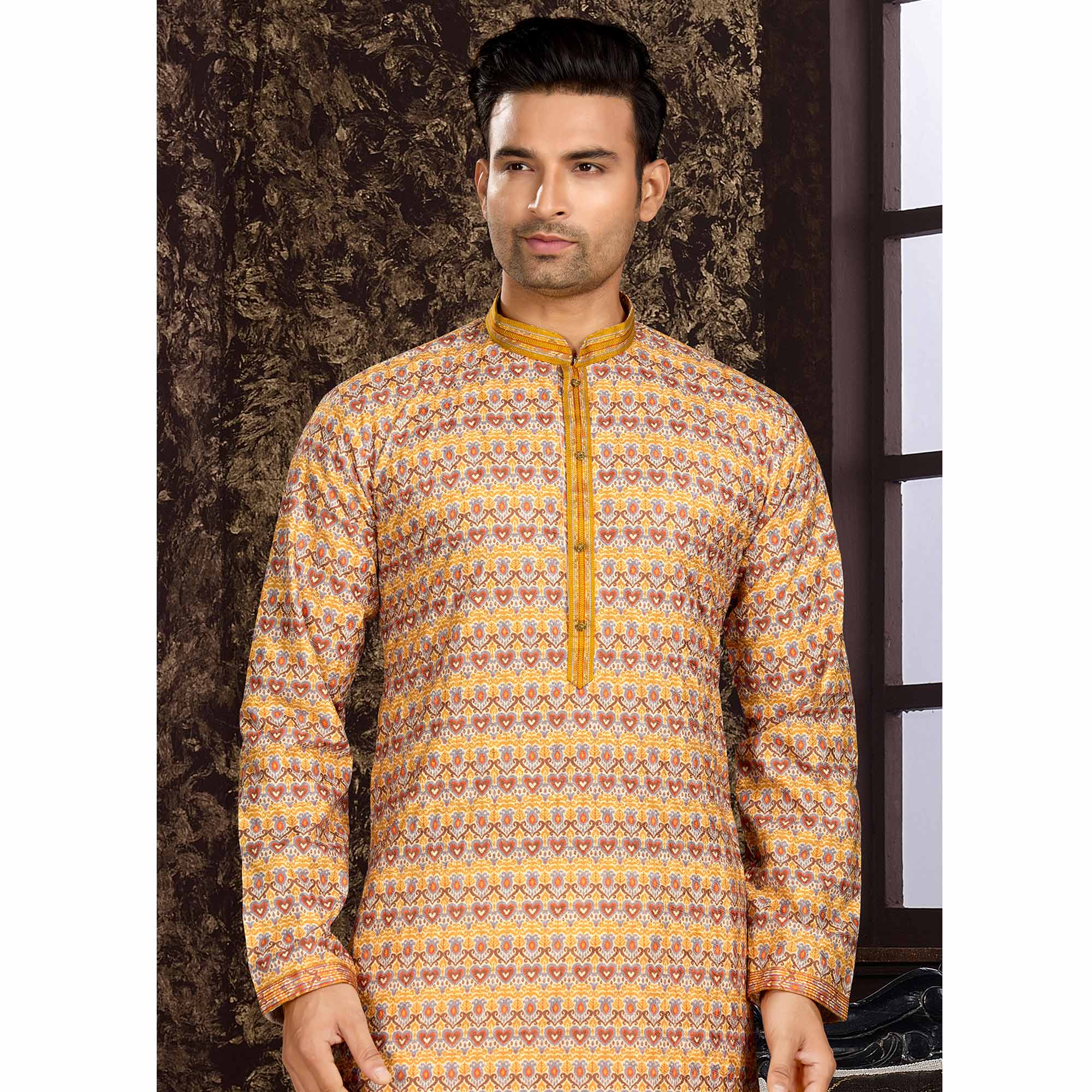 Yellow Lucknowi And Digital Printed Cotton Kurta Pyjama Set