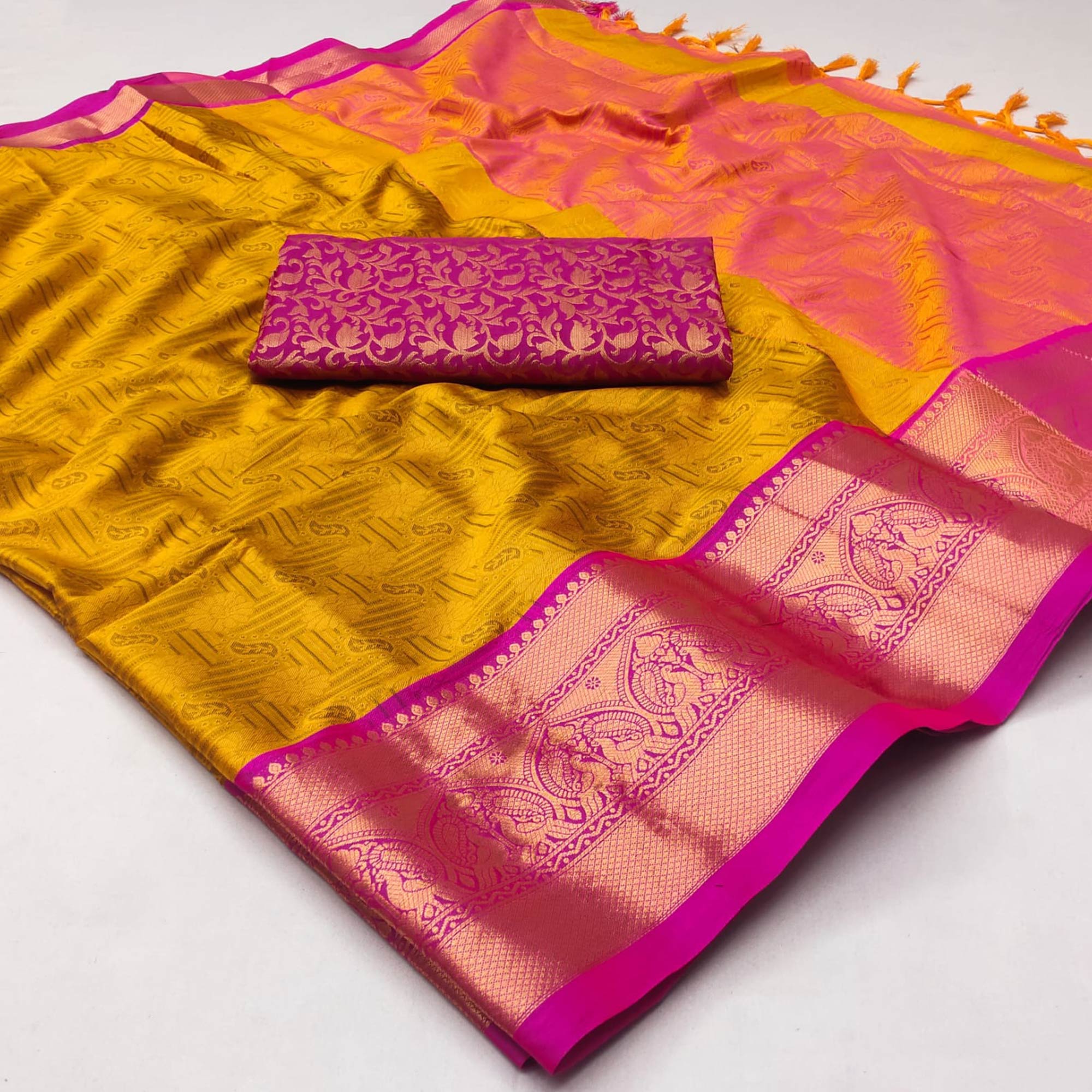 Golden Woven Cotton Silk Saree With Tassels