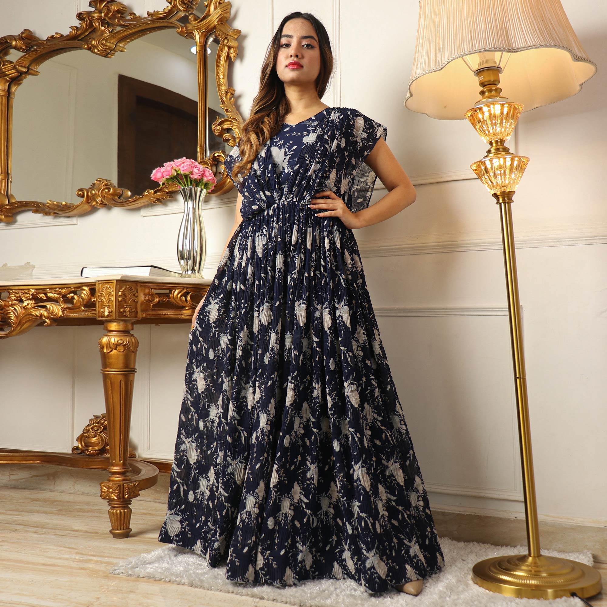 Blue Floral Printed Georgette Gown