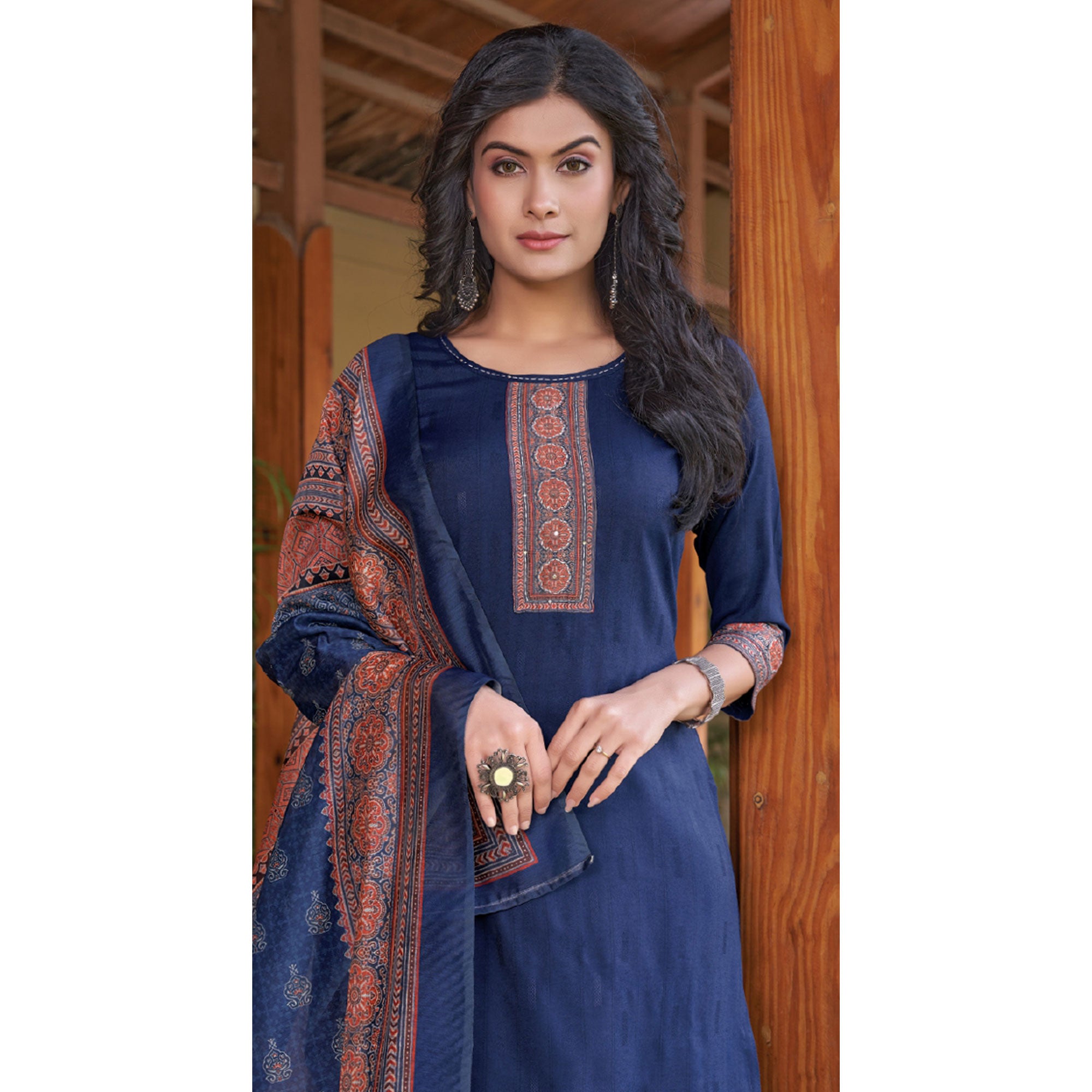 Blue Embroidered Rayon Kurti With Dupatta