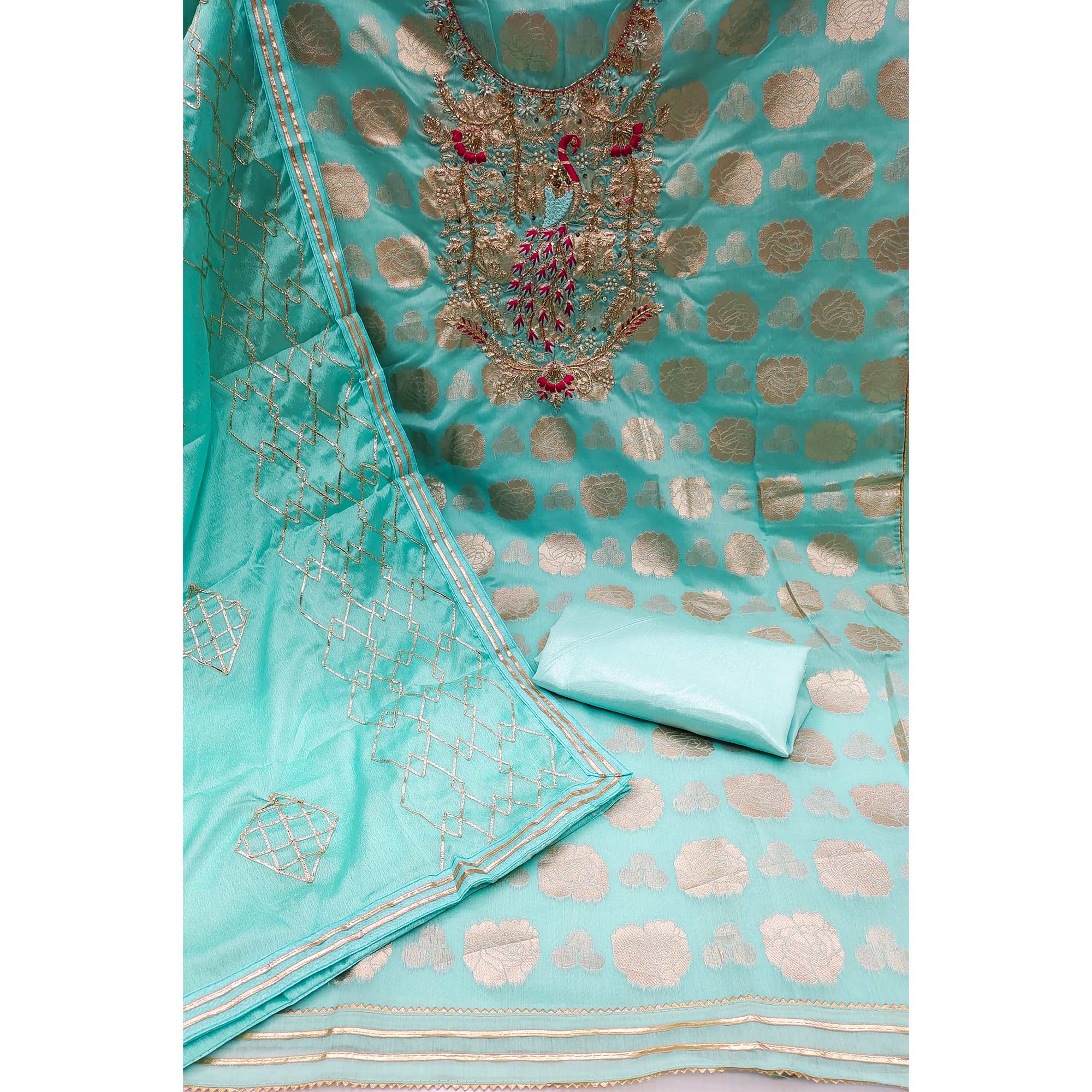 Blue Woven Banarasi Silk Dress Material