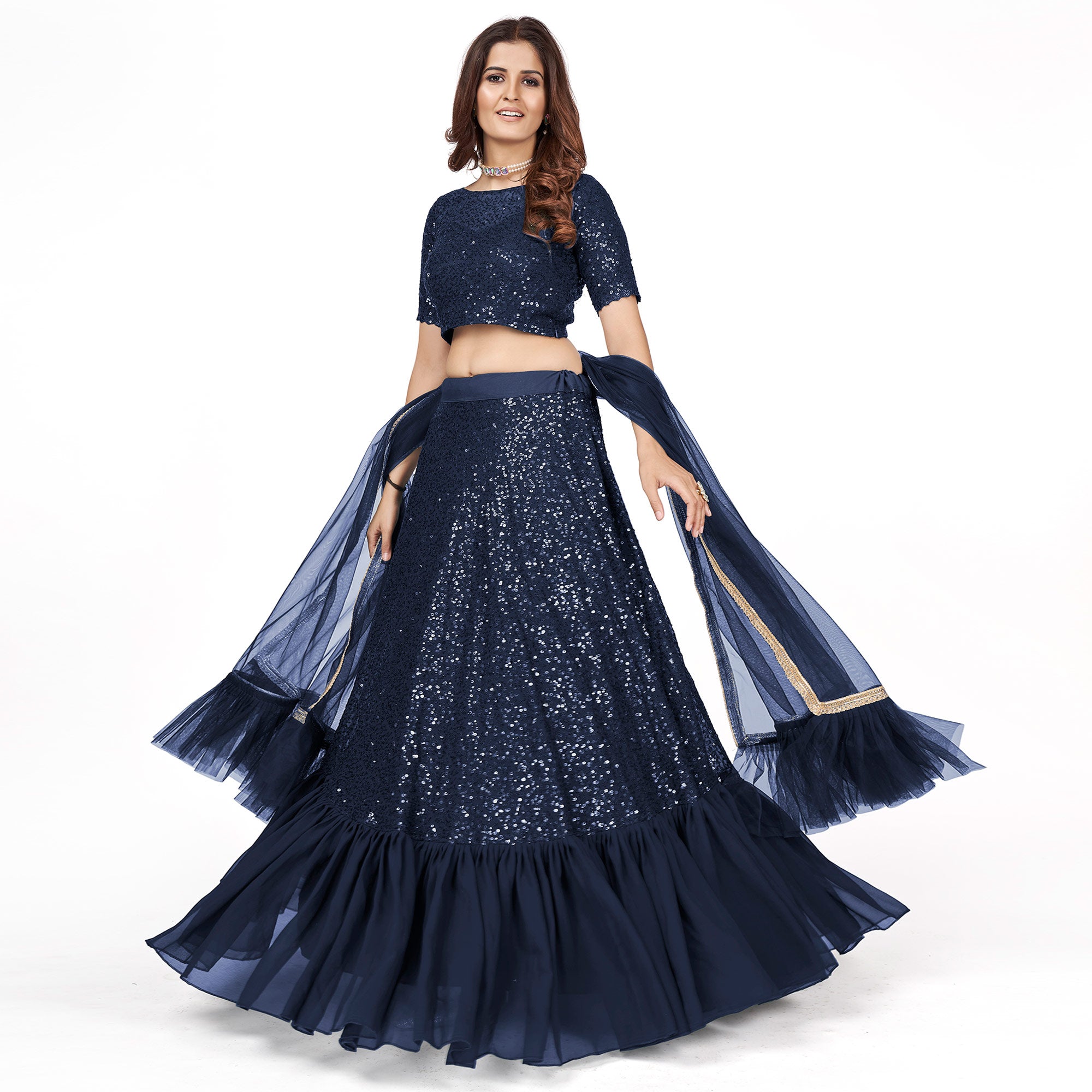 Dark Blue Sequins Embroidered Georgette Lehenga Choli