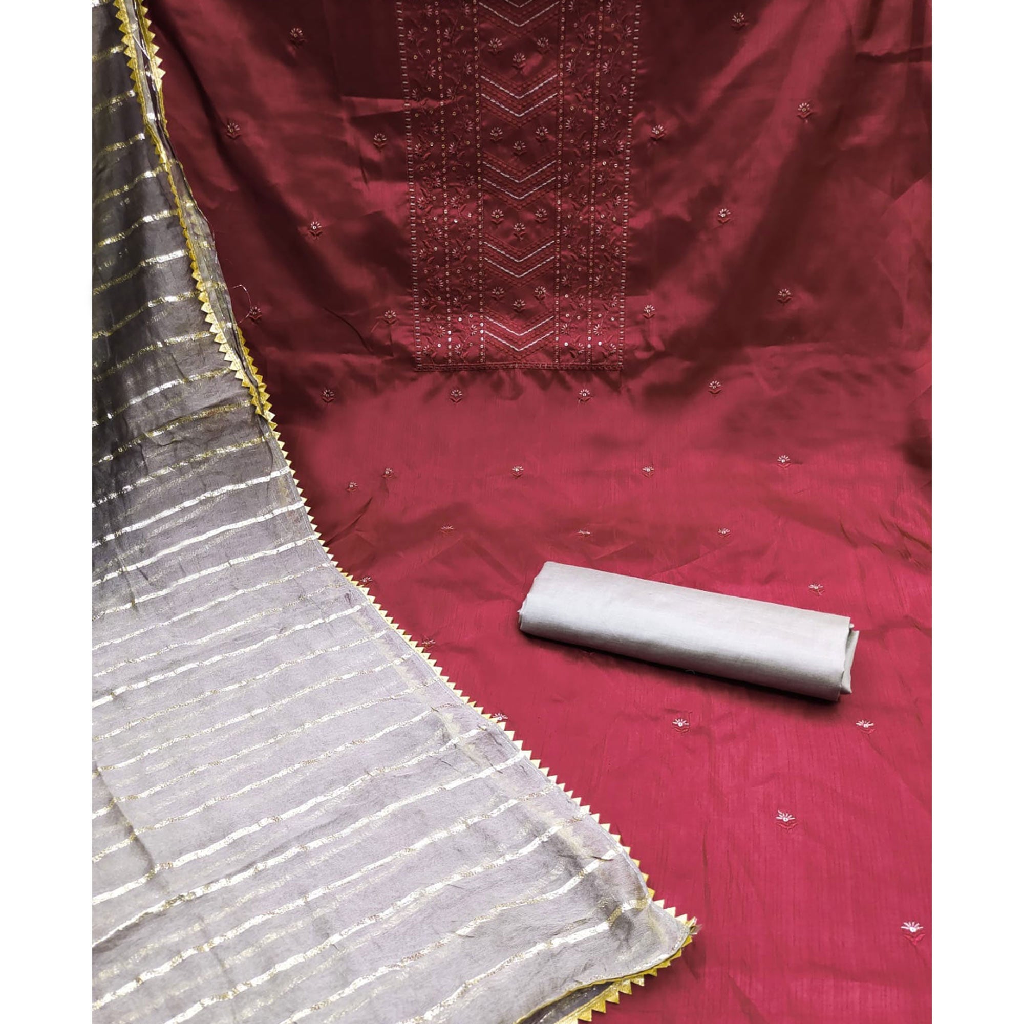 Maroon Floral Sequins Embroidered Raw Silk Dress Material