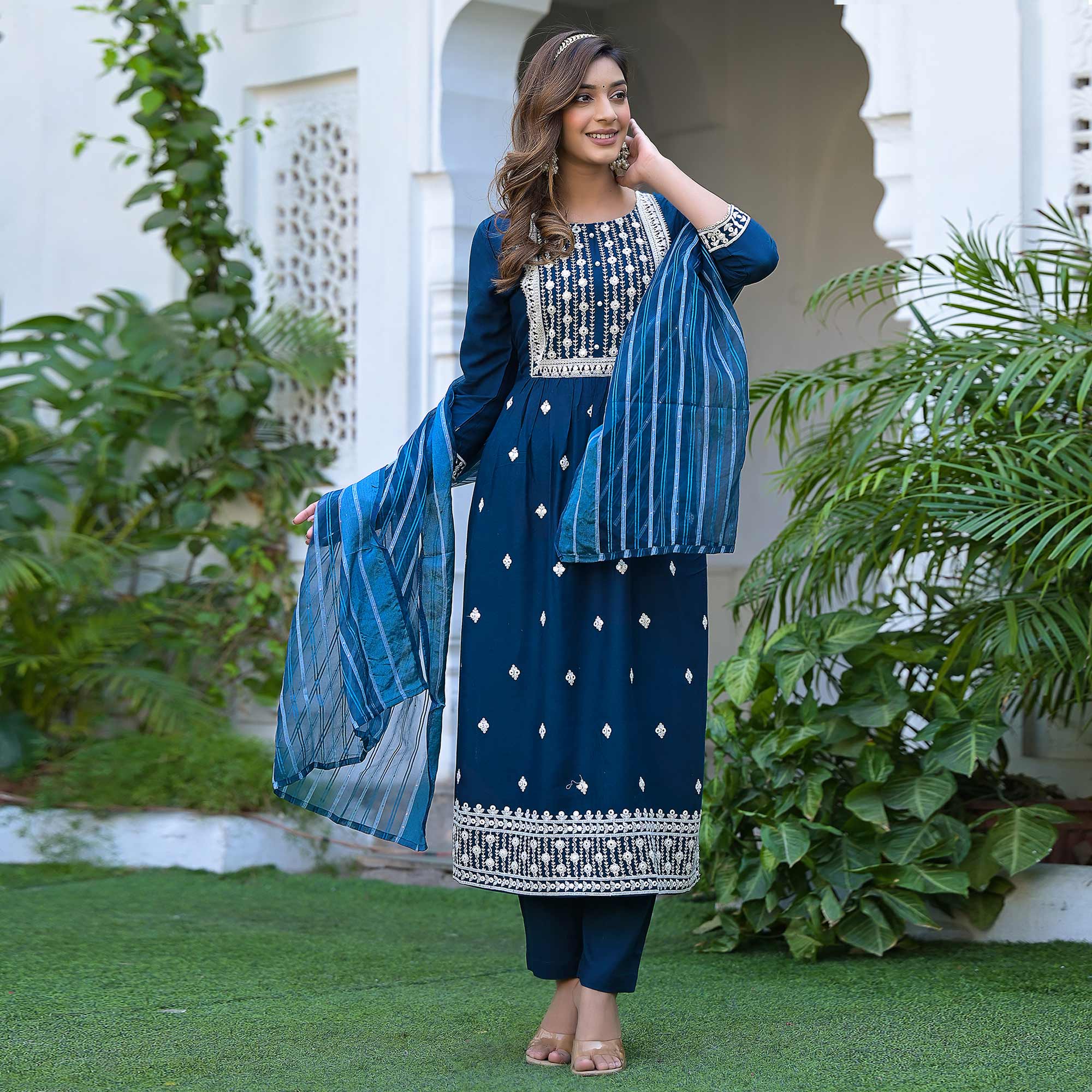 Blue Embroidered Rayon Naira Cut Suit