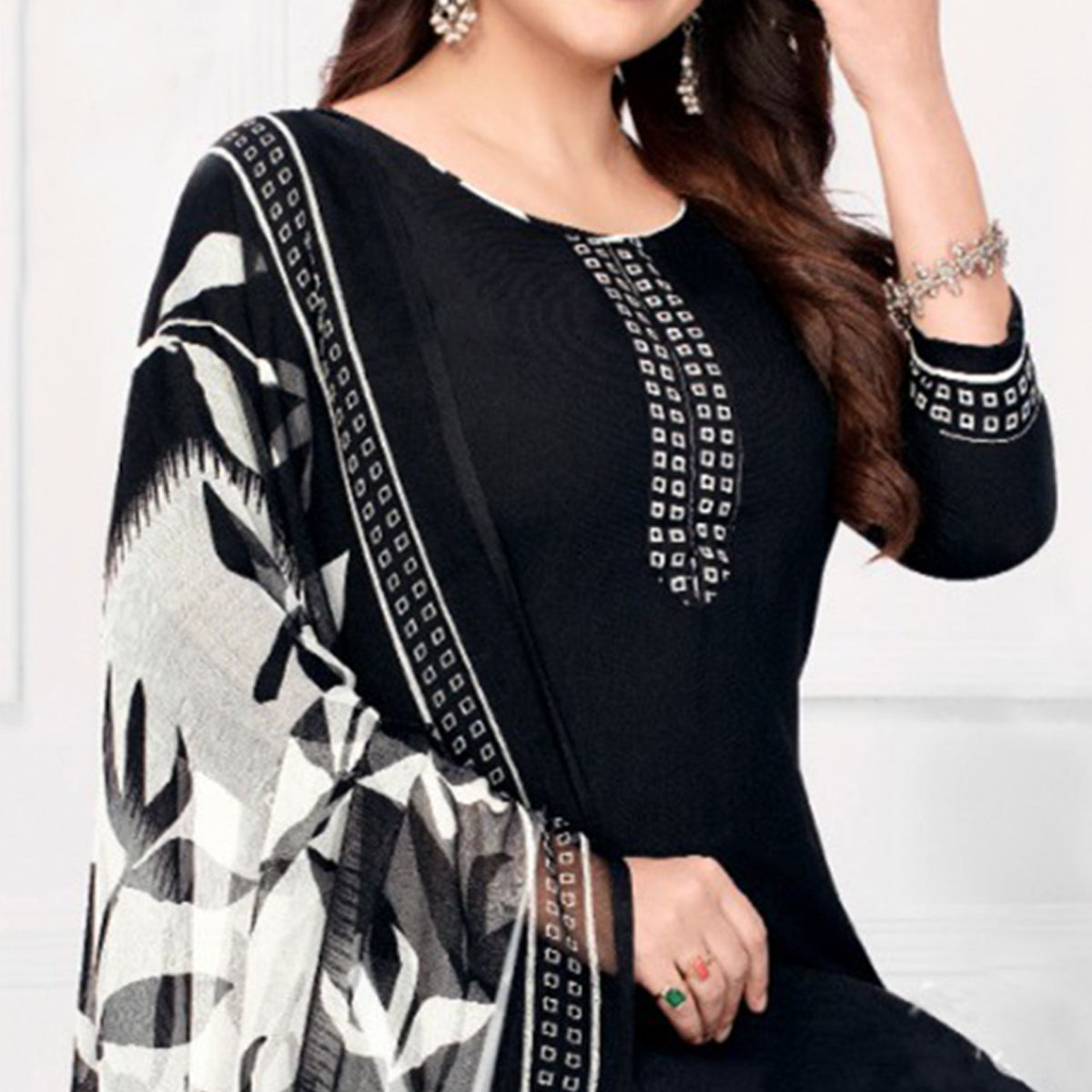 Black Printed Crepe Patiala Dress Material