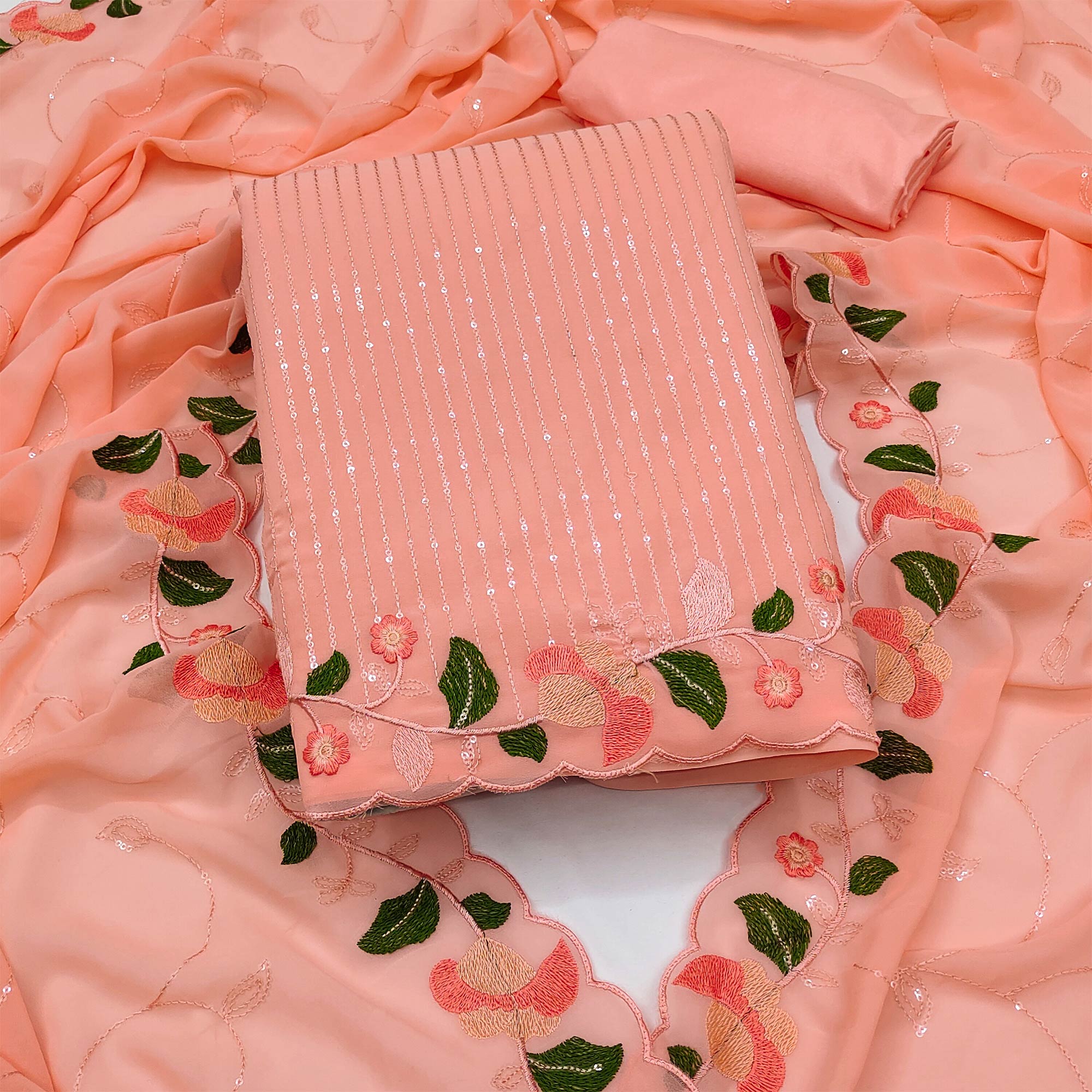 Peach Sequins Embroidered Georgette Dress Material