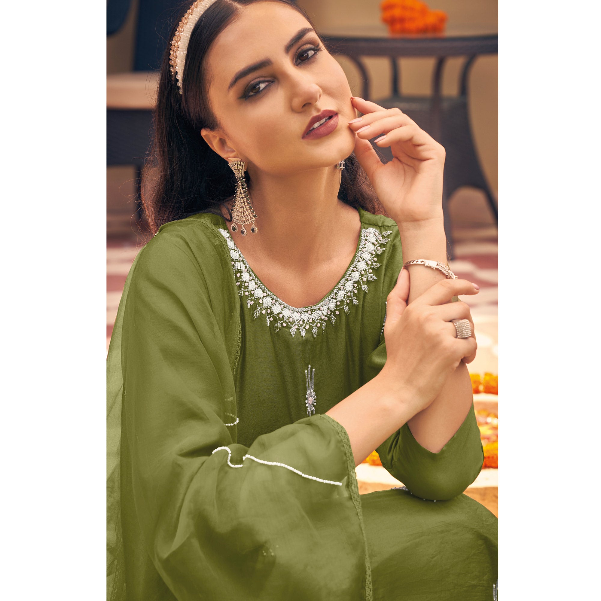 Green Embellished Viscose Salwar Suit