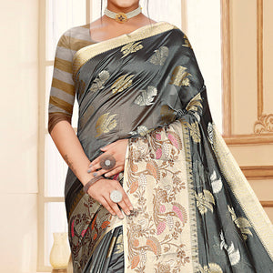 Grey Floral Woven Organza Saree With Tassels