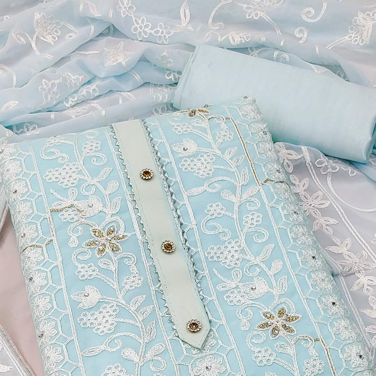 Light Blue Lucknowi Embroidered Georgette Dress Material