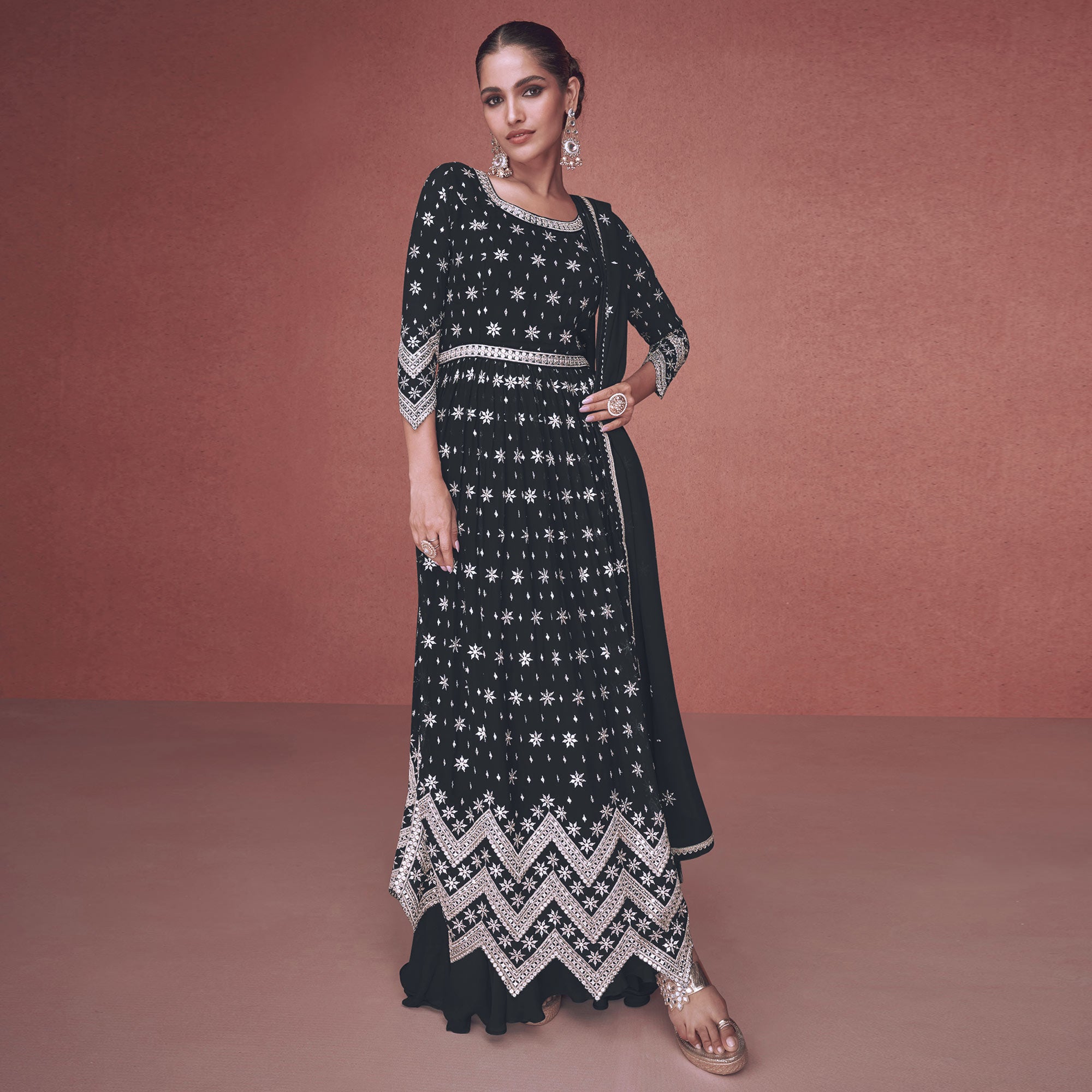 Black Sequins Embroidered Georgette Semi Stitched Naira Cut Suit