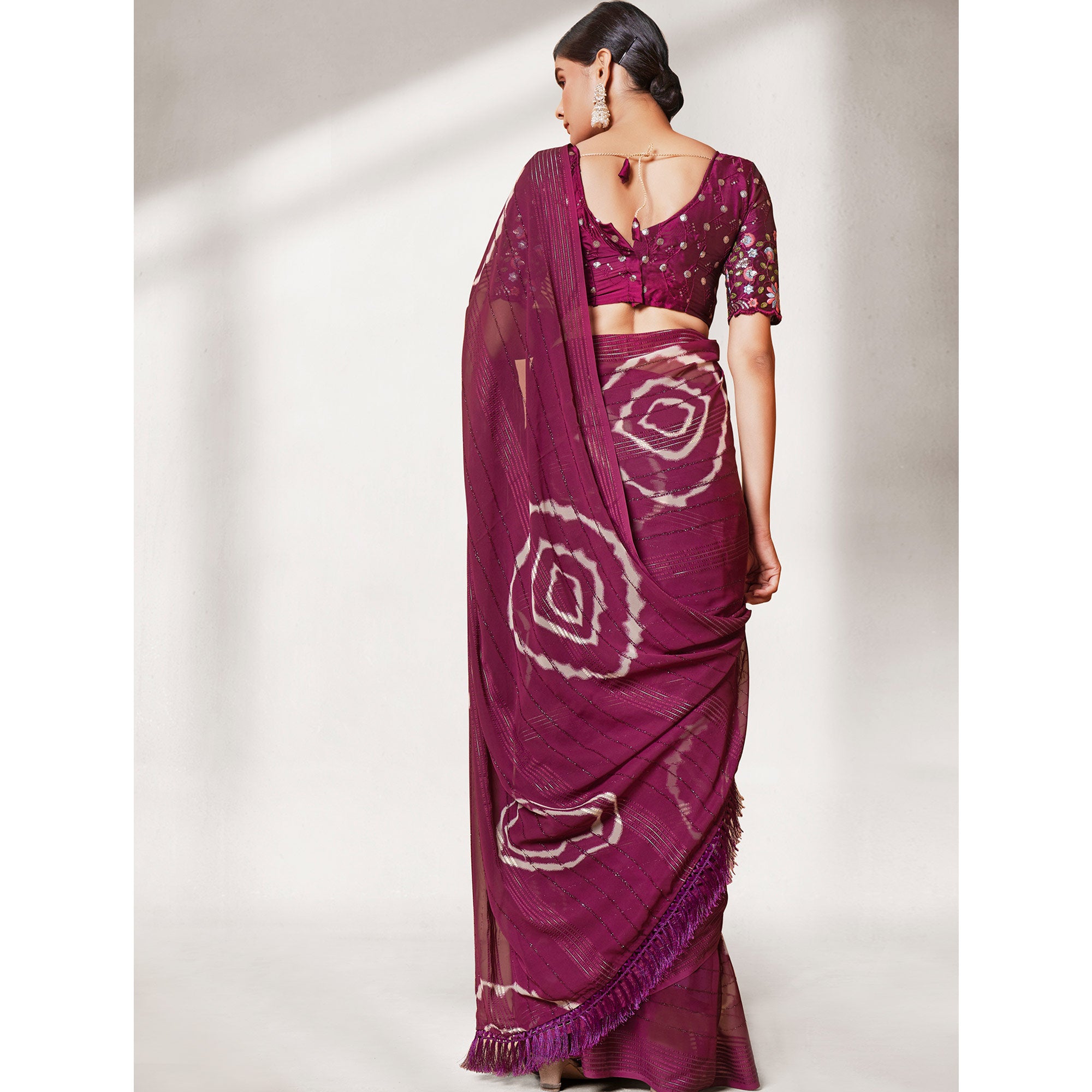 Wine Printed Wiht Embroidered Georgette Saree