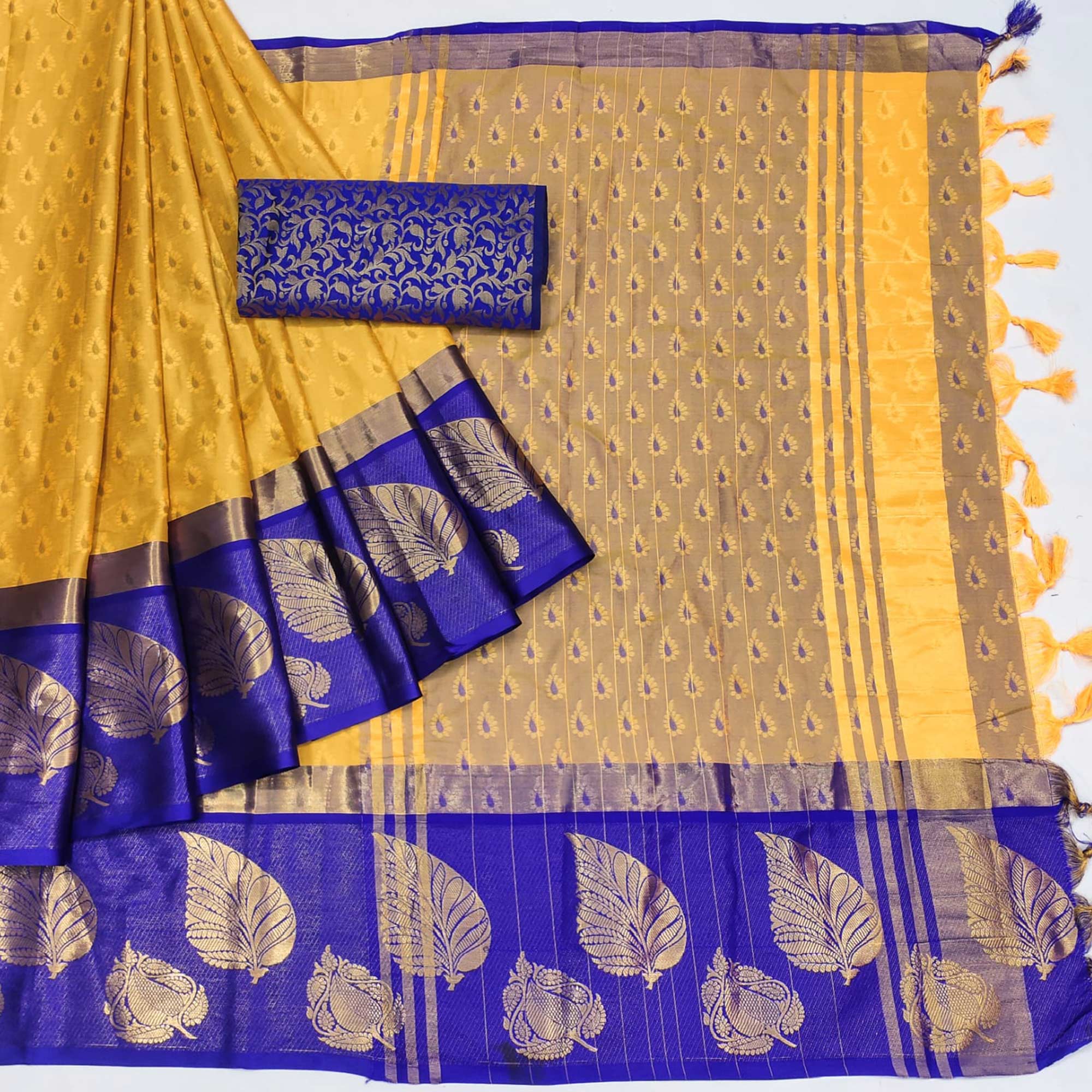Dusty Yellow Woven Cotton Silk Saree With Tassels