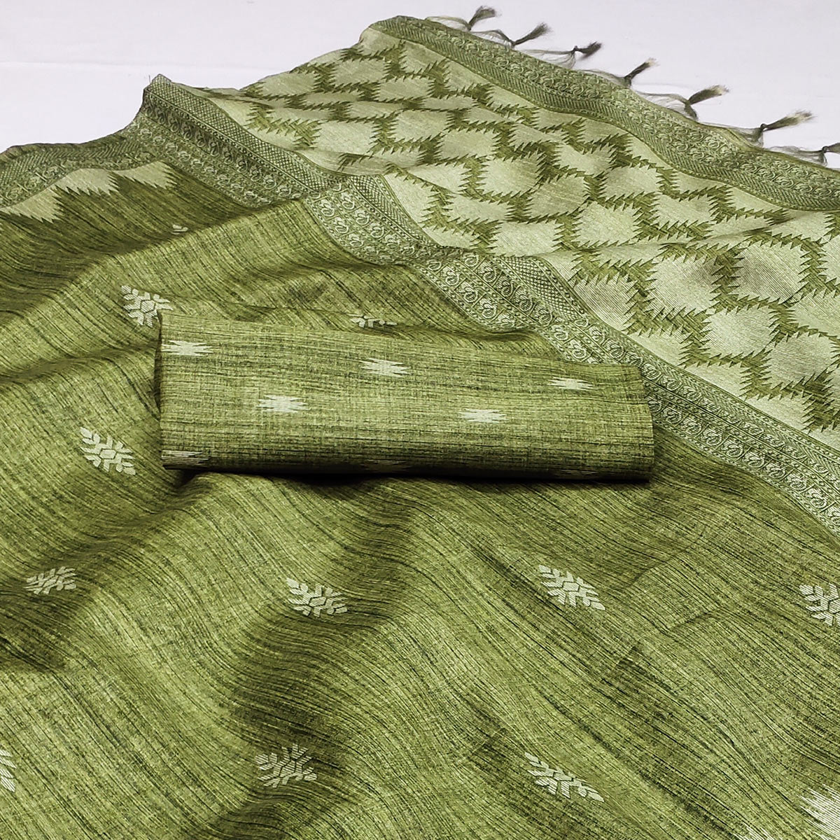 Green Printed Tussar Silk Saree With Tassels