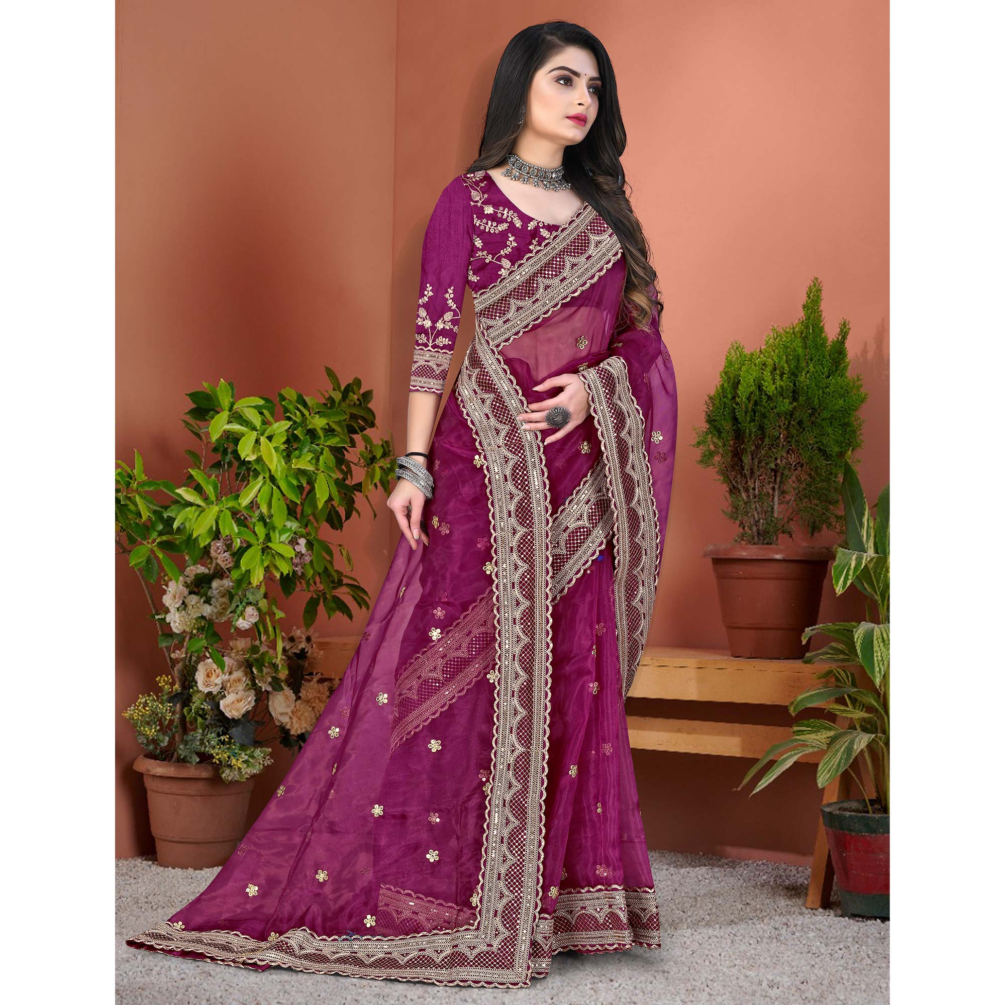 Purple Sequence Emroidered Organza Saree