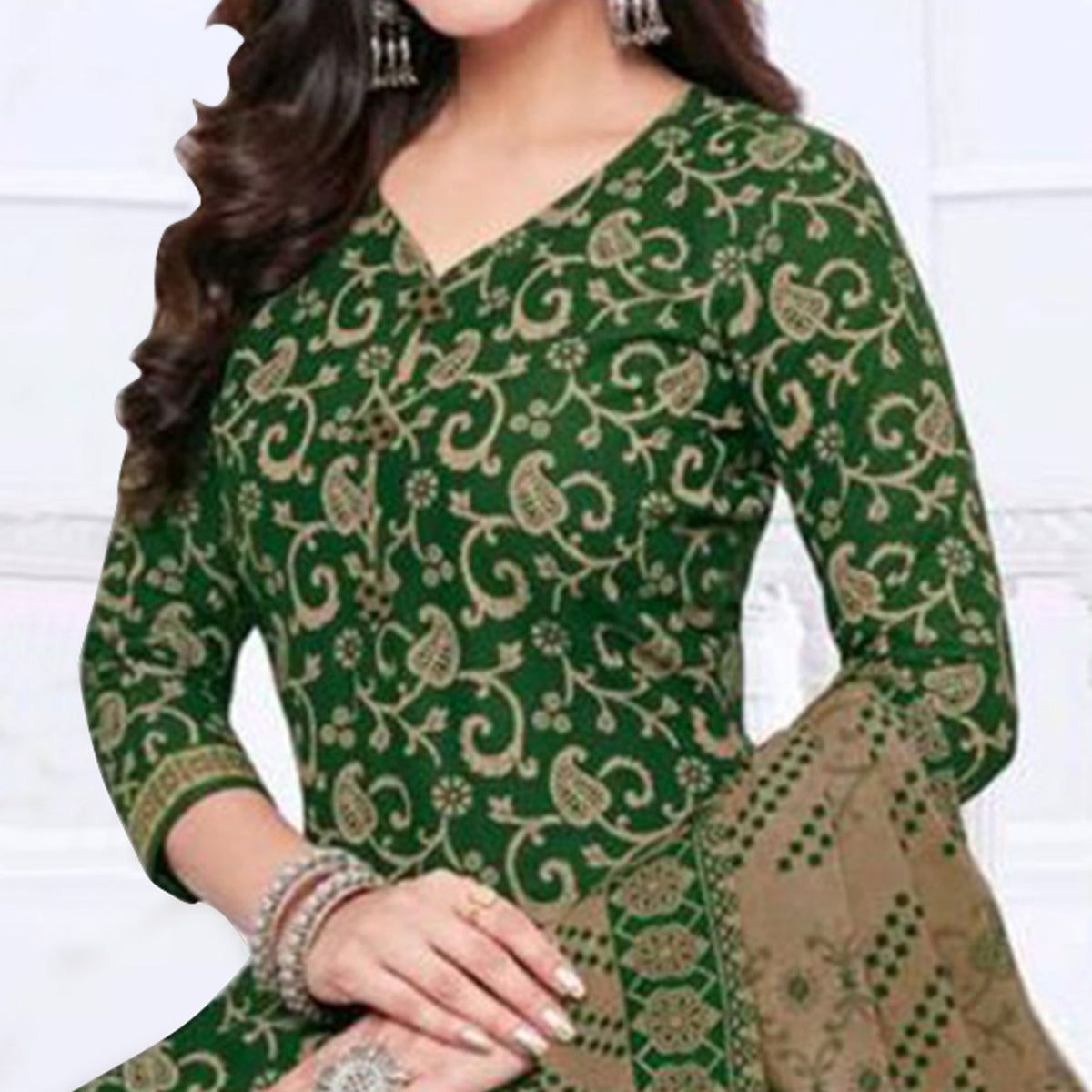 Green Printed Crepe Patiala Dress Material