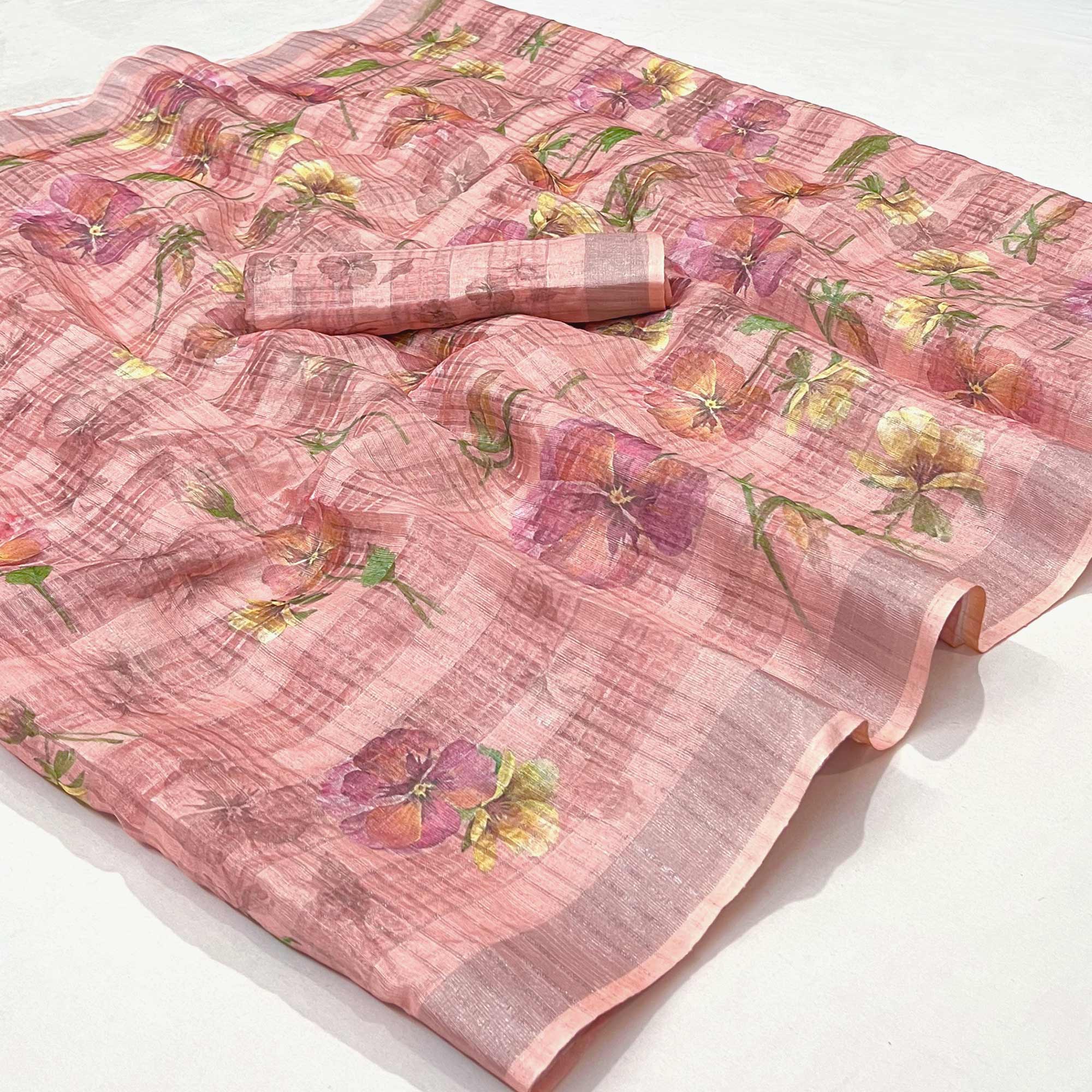 Peach Floral Digital Printed Cotton Silk Saree