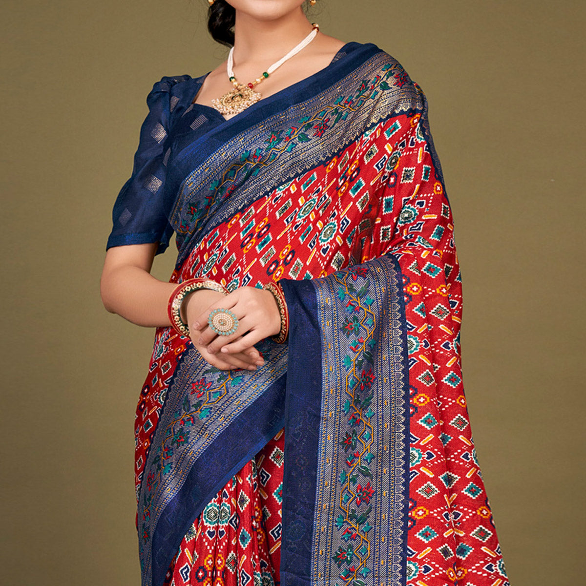 Red Printed Jute Patola Saree With Tassels