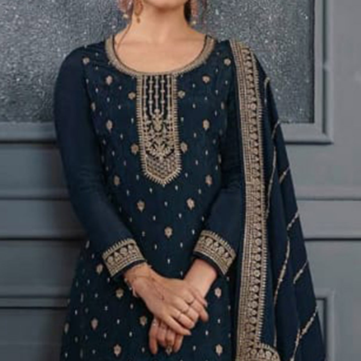 Navy Blue Woven With Sequins Embroidered Dola Silk Palazzo Suit