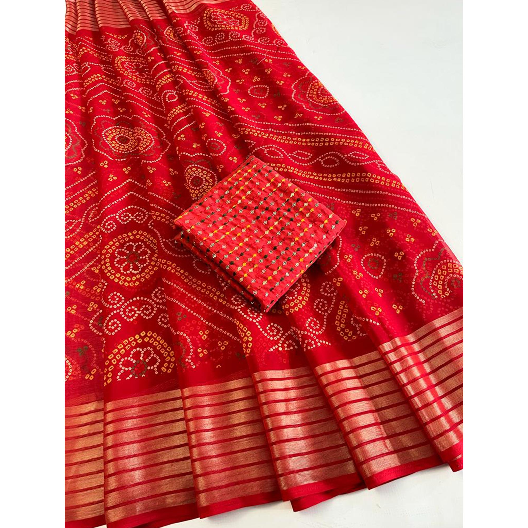 Red Bandhani Printed Chiffon Saree