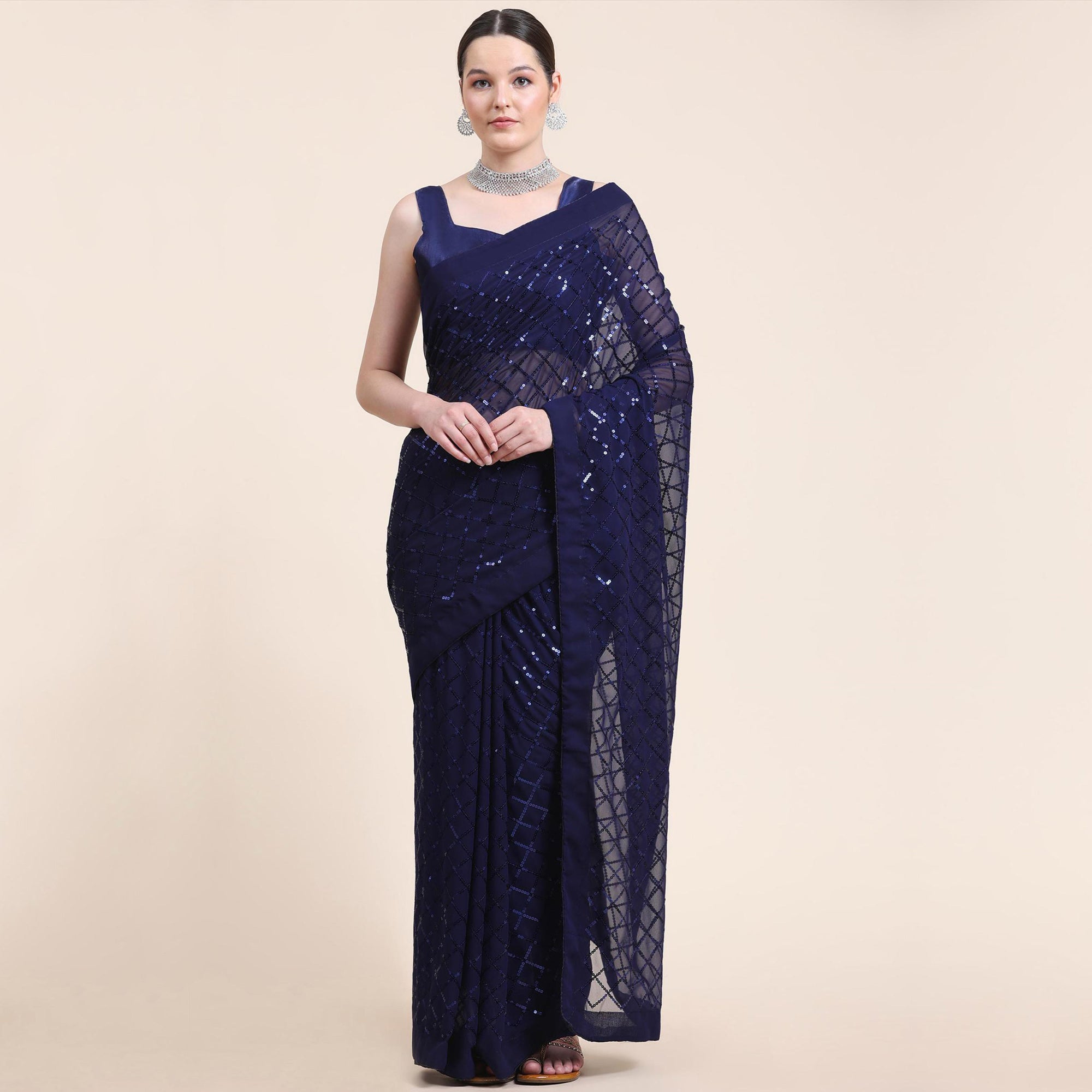 Blue Sequins Embroidered Georgette Saree