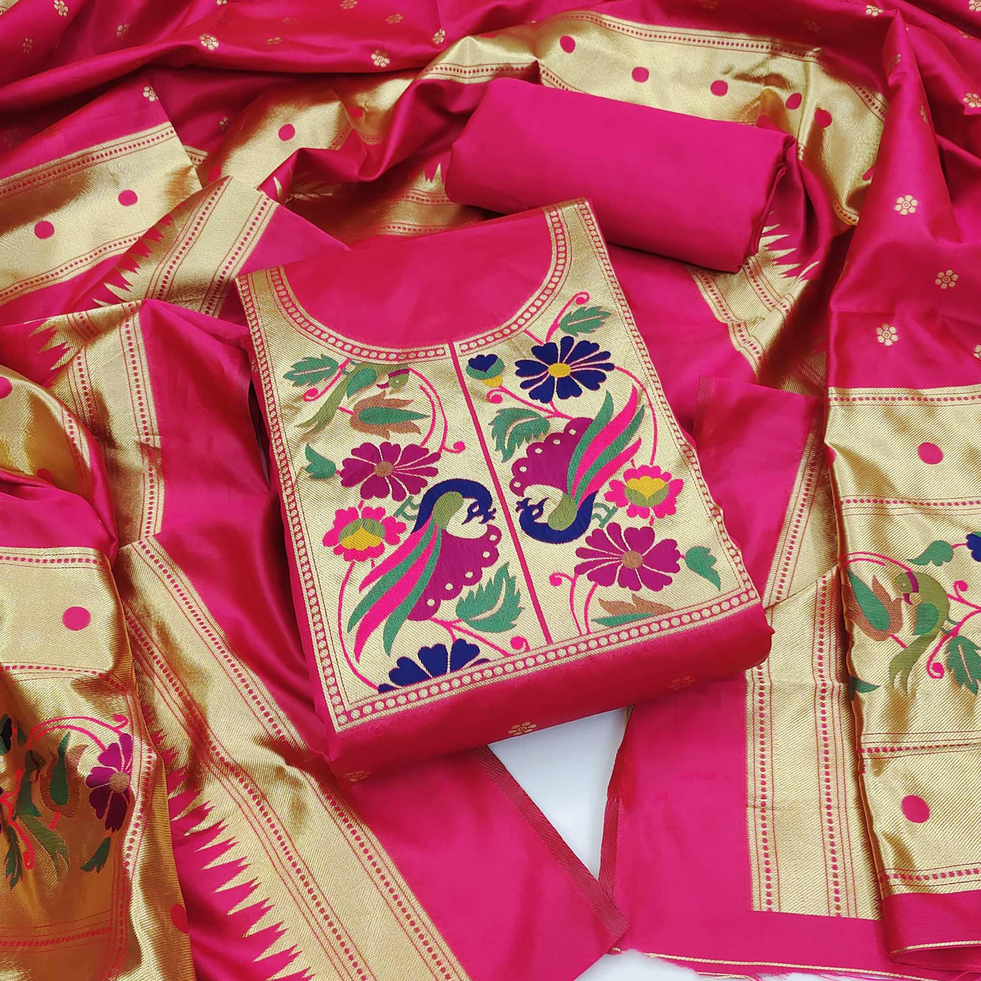 Rani Pink Woven Banarasi Silk Paithani Dress Material