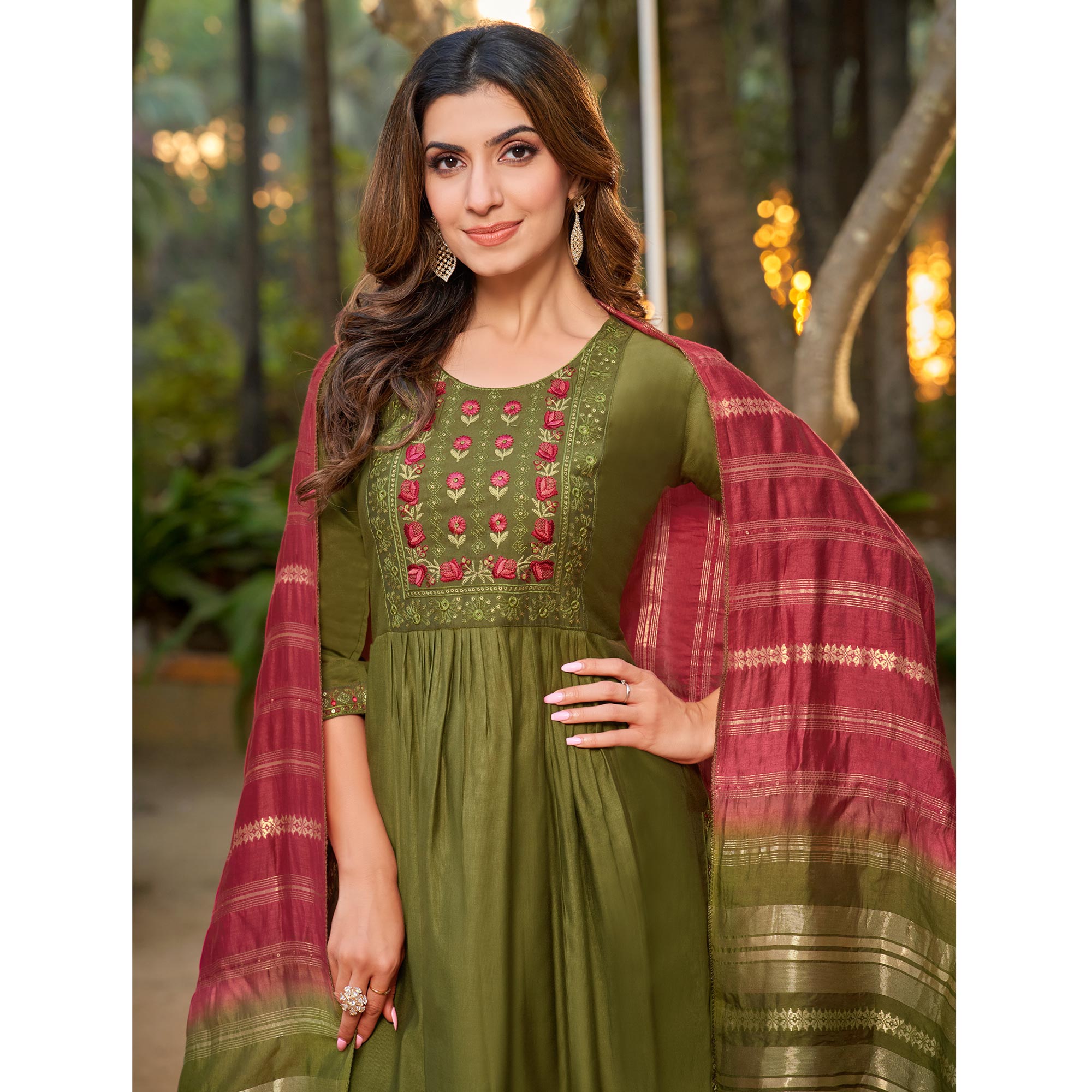 Olive Green Floral Embroidered Pure Silk Naira Cut Suit