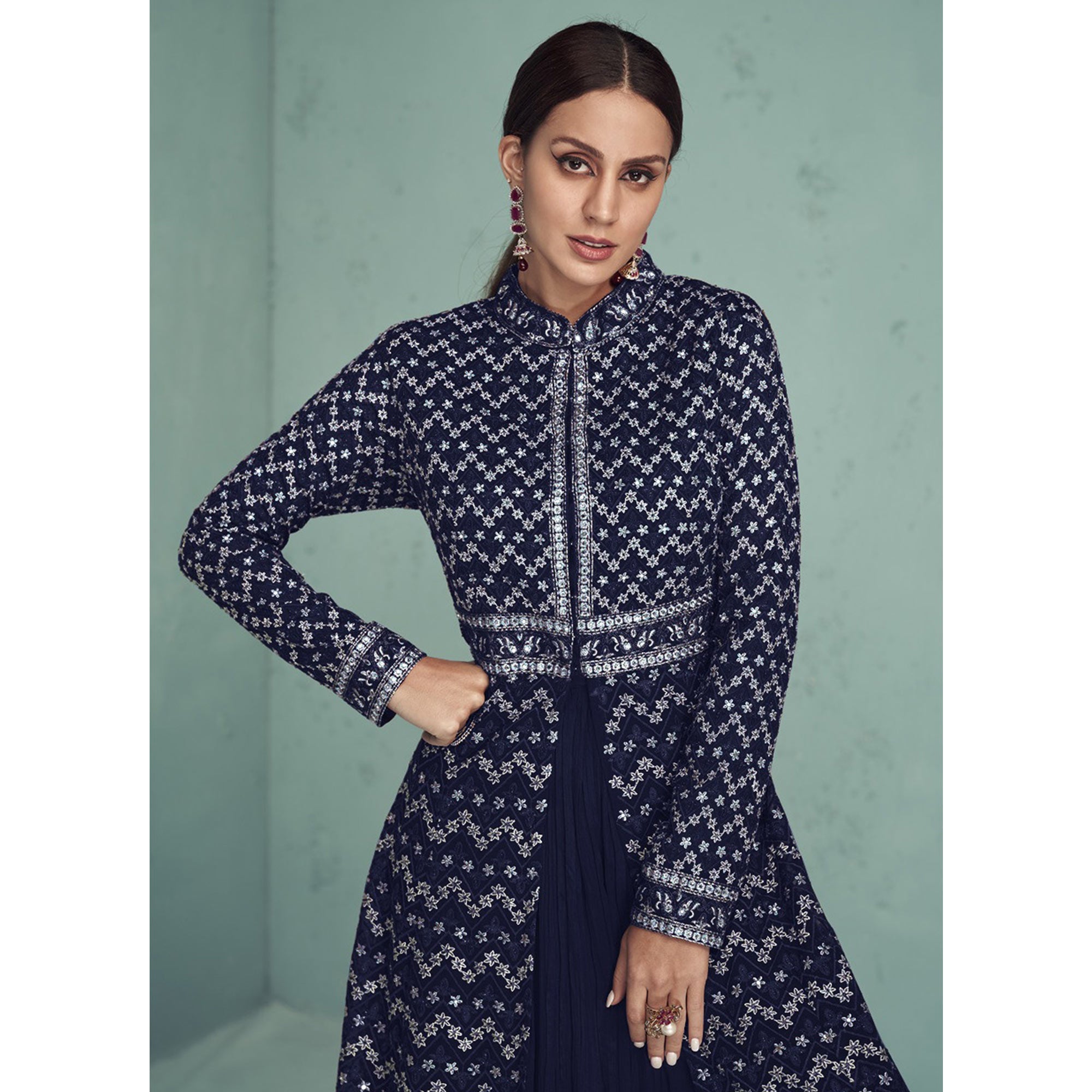 Blue Floral Embroidered Georgette Front Slit Suit