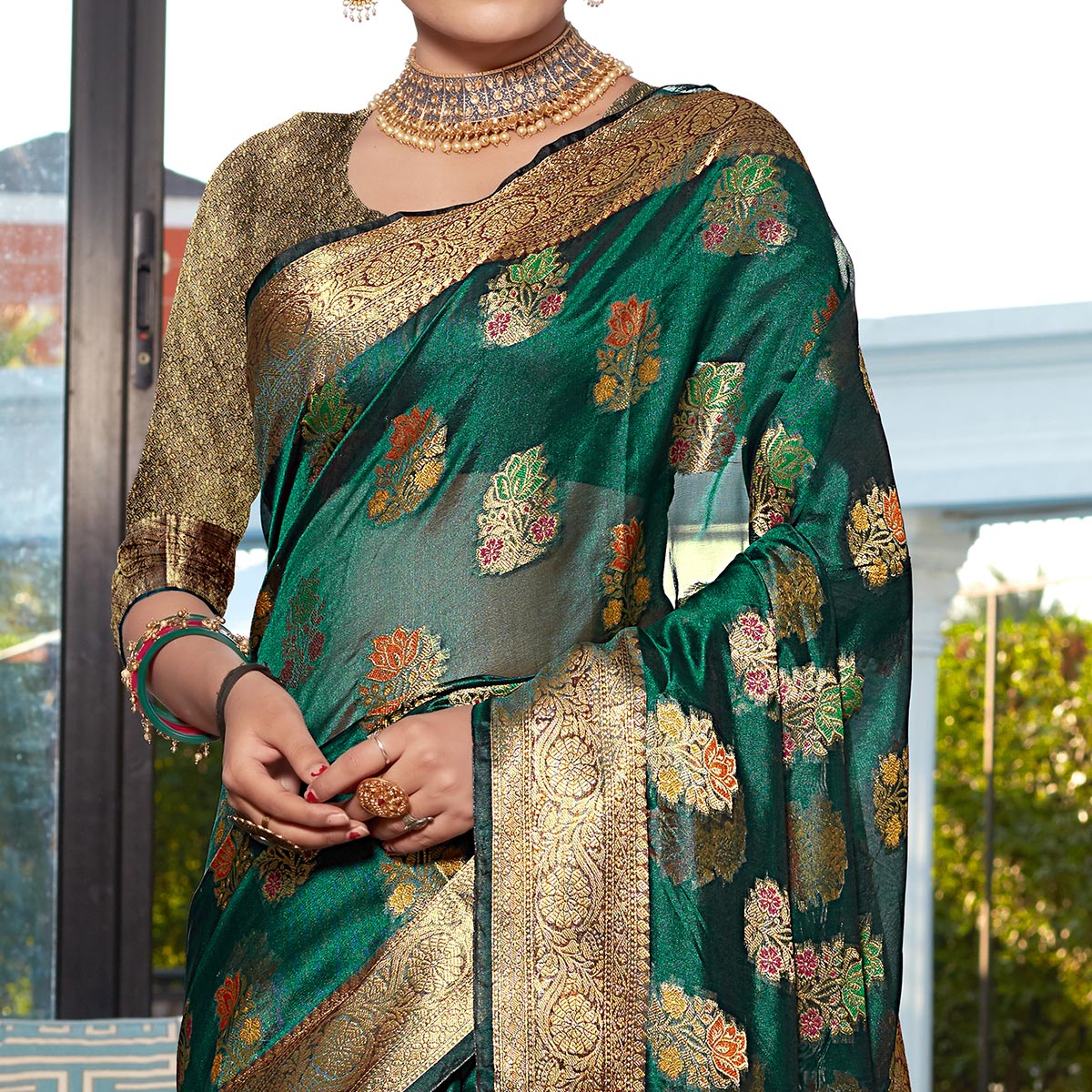 Green Floral Woven Organza Saree