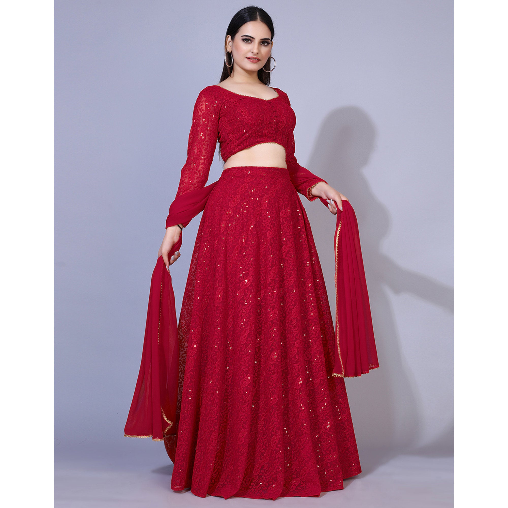 Dark Red Lucknowi Chikankari Work Georgette Lehenga Choli