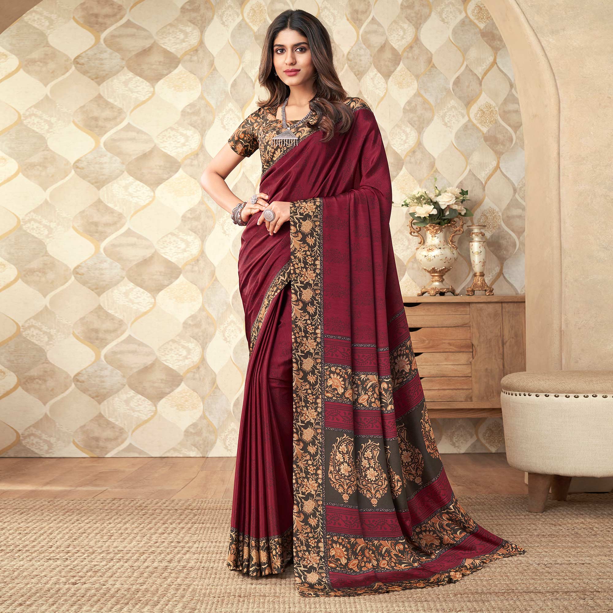 Maroon Printed Crepe Saree