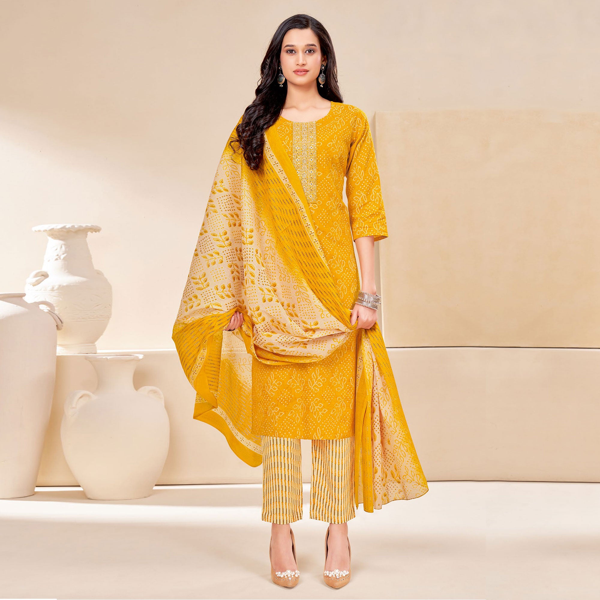Yellow Printed With Tie Embroidered Pure Cotton Suit