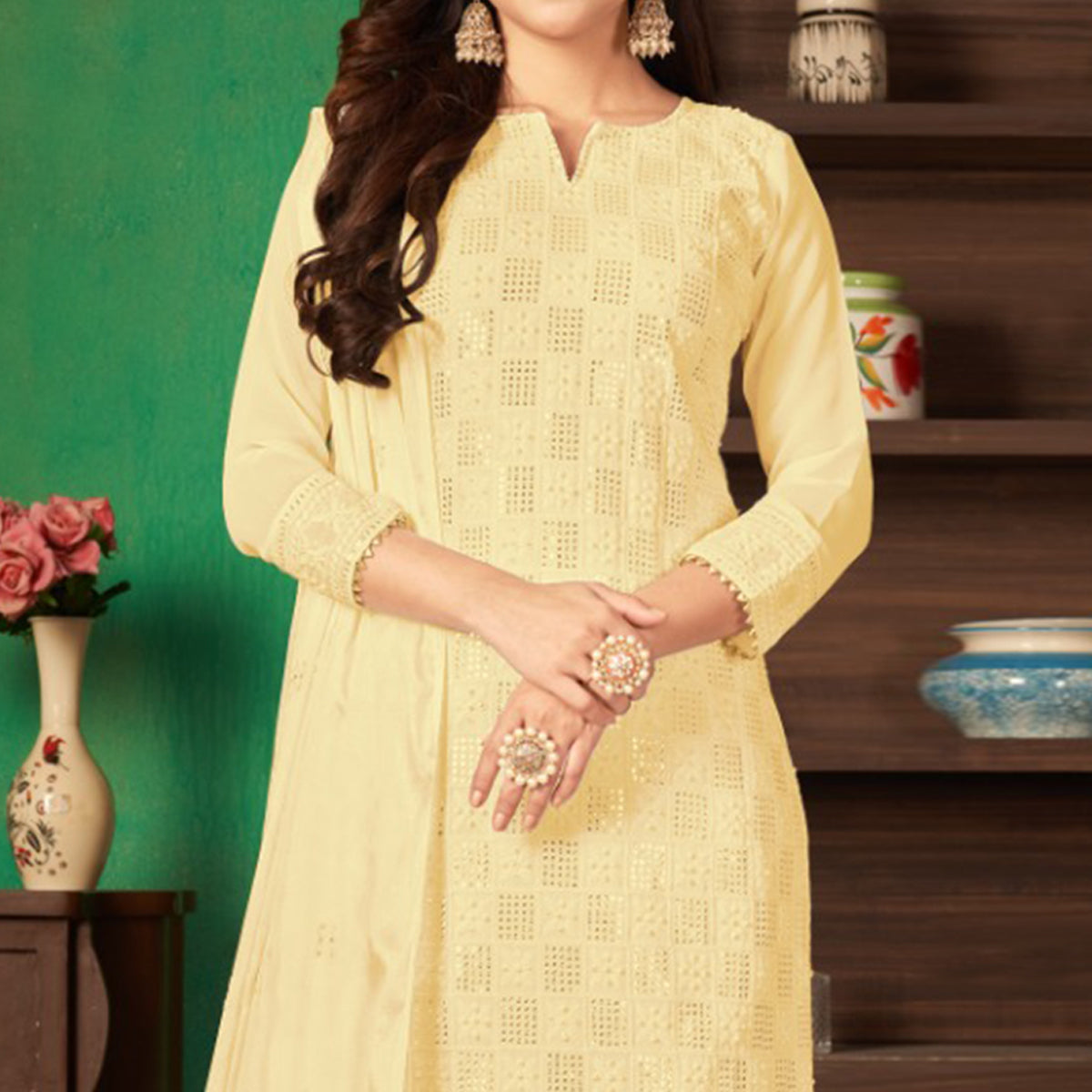 Yellow Sequins Embroidered Georgette Suit