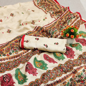 Off White Printed Cotton Blend Saree With Tassels