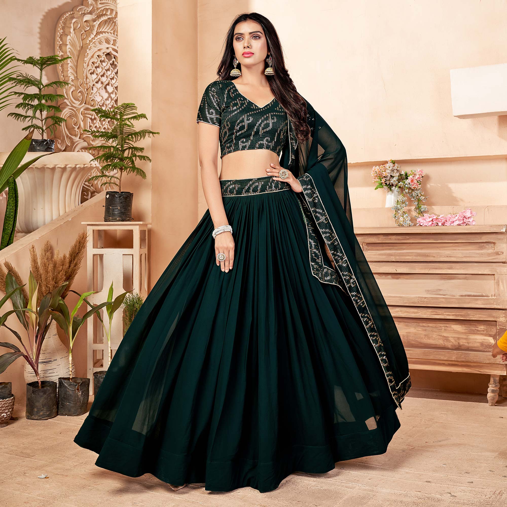 Dark Green Sequins Embroidered Georgette Lehenga Choli