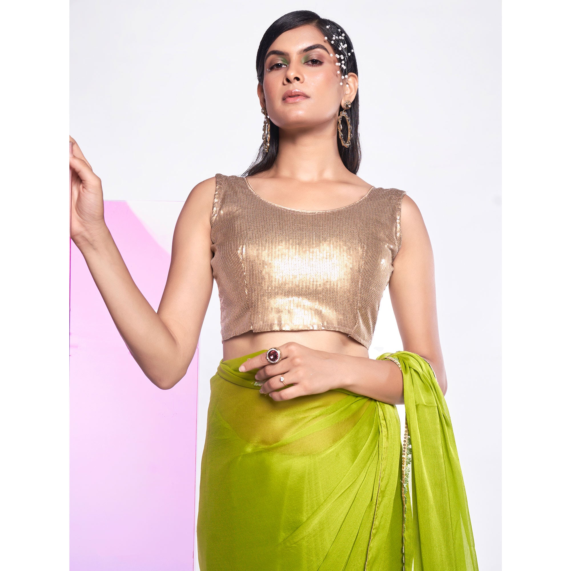 Green Solid With Embroidered Border Georgette Saree