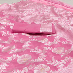 Pink Woven Cotton Blend Saree With Tassels