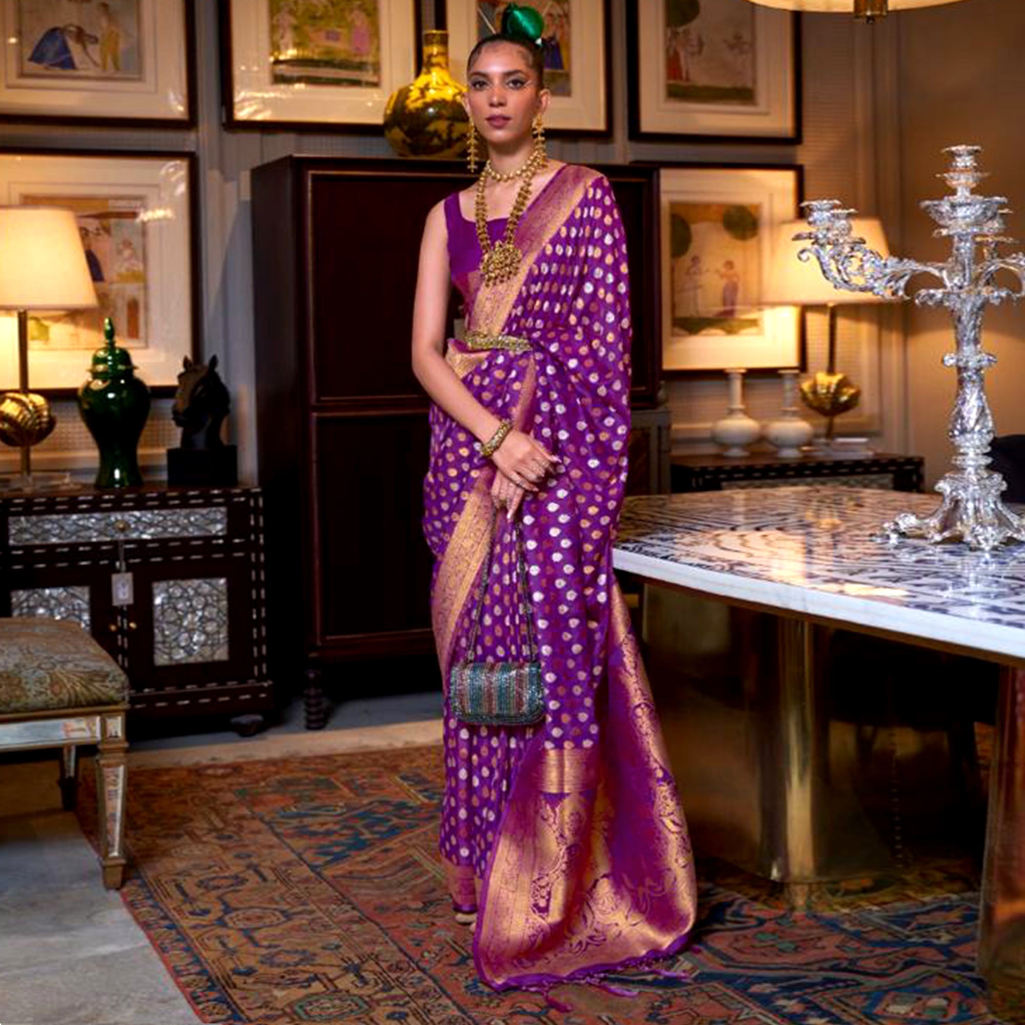 Purple Woven Khadi Silk Saree With Tassels