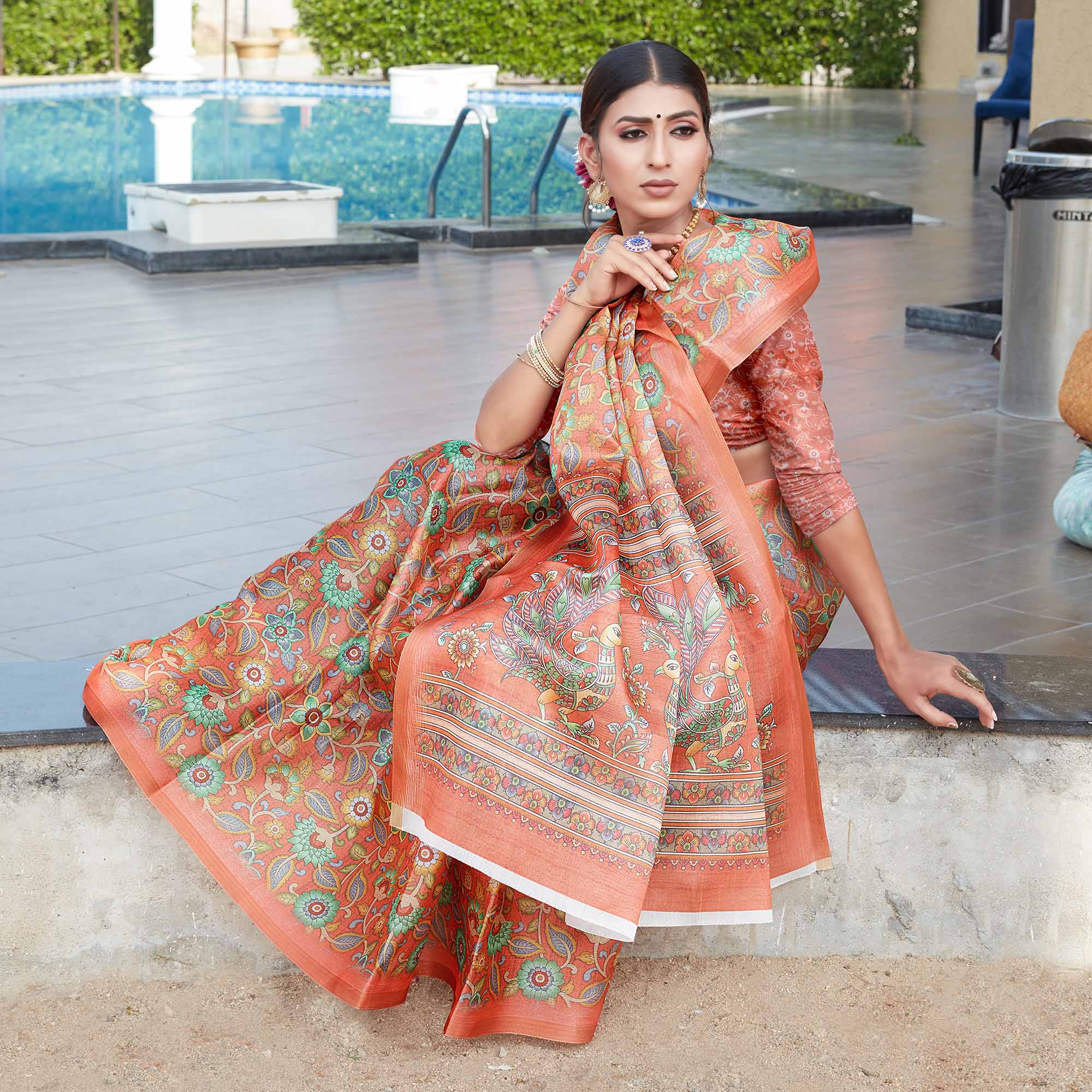 Peach Floral Digital Printed Cotton Silk Saree