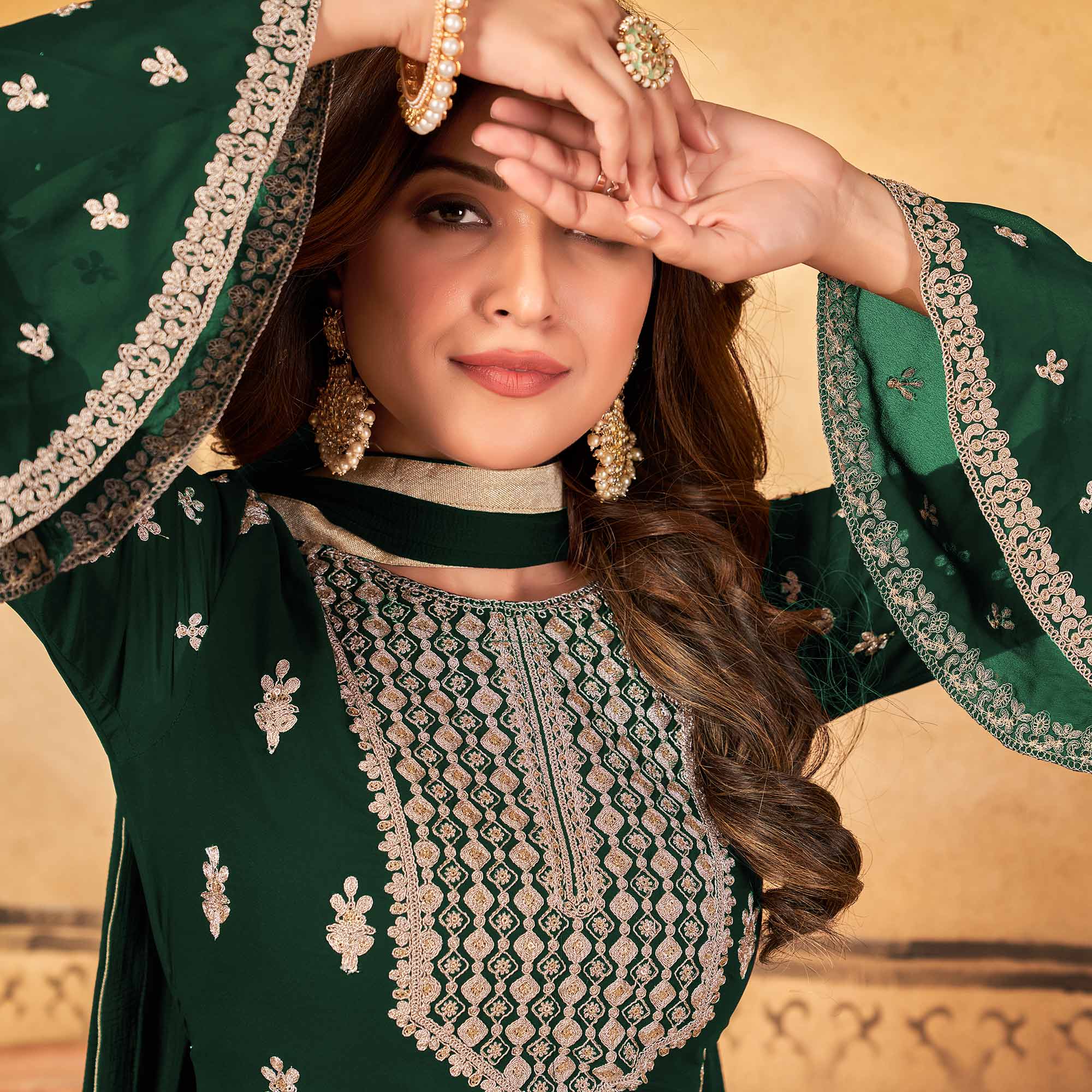 Green Floral Embroidered Georgette Palazzo Suit