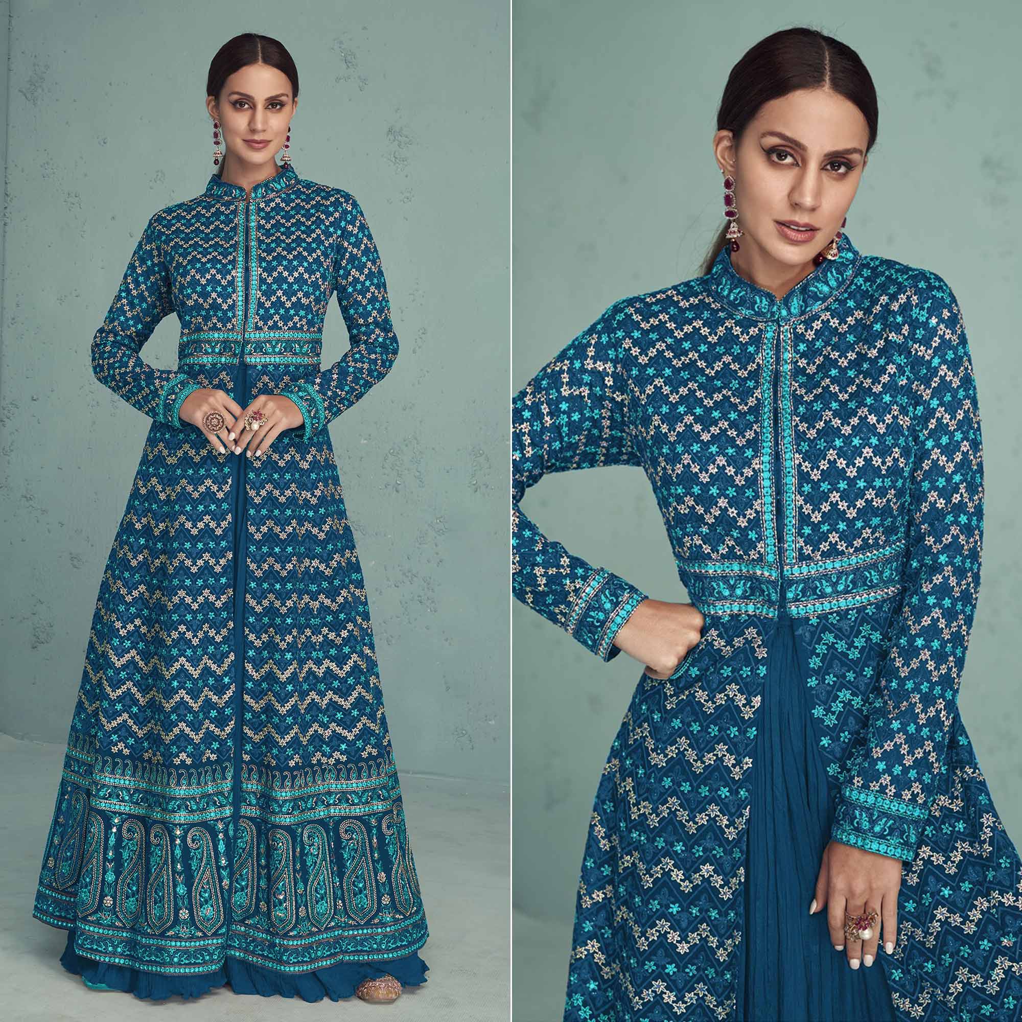 Sky Blue Floral Embroidered Georgette Front Slit Suit