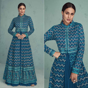Sky Blue Floral Embroidered Georgette Front Slit Suit