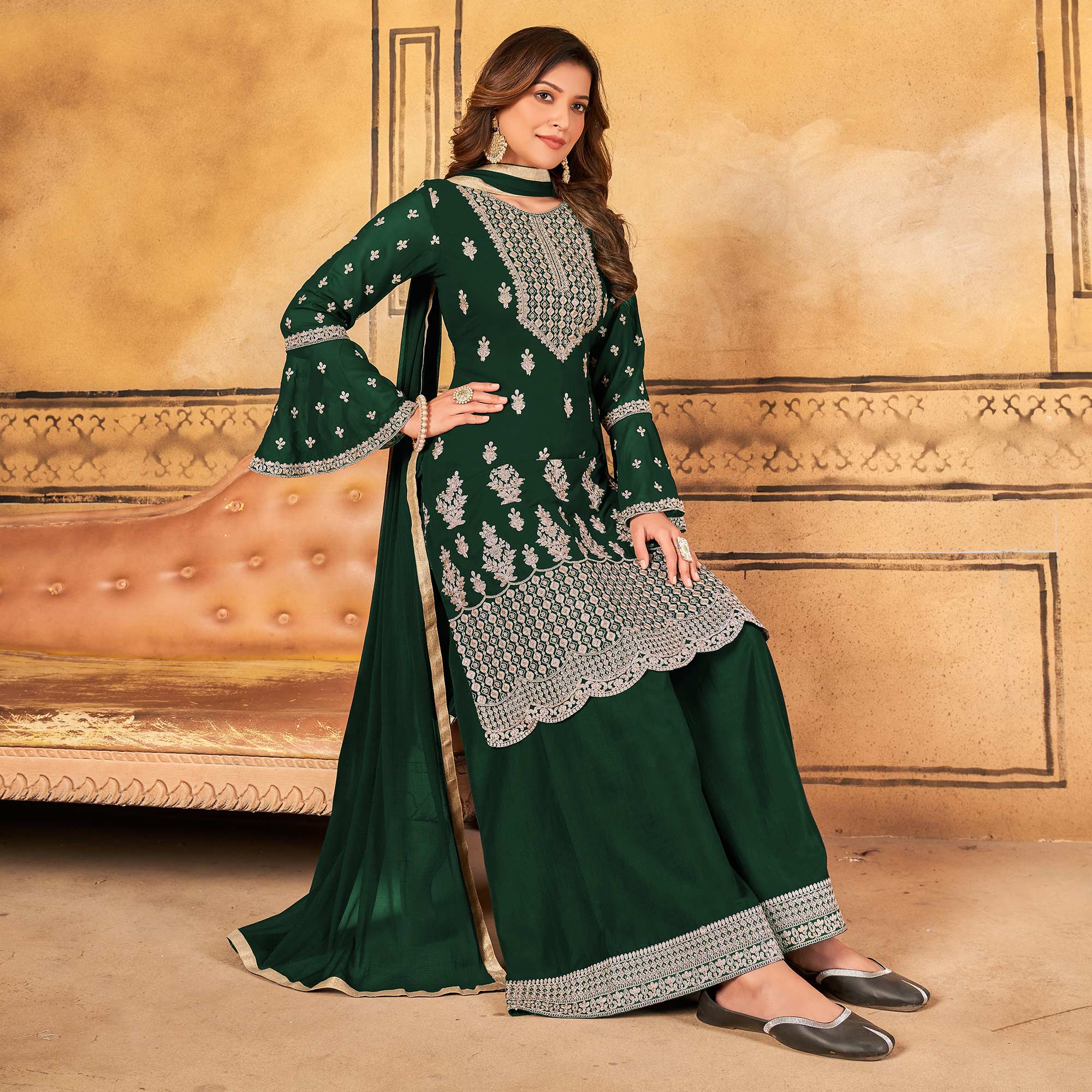 Green Floral Embroidered Georgette Palazzo Suit