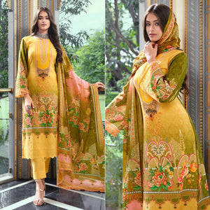 Yellow And Green Digital Printed With Daman Embroidered Pure Cotton Pakistani Suit