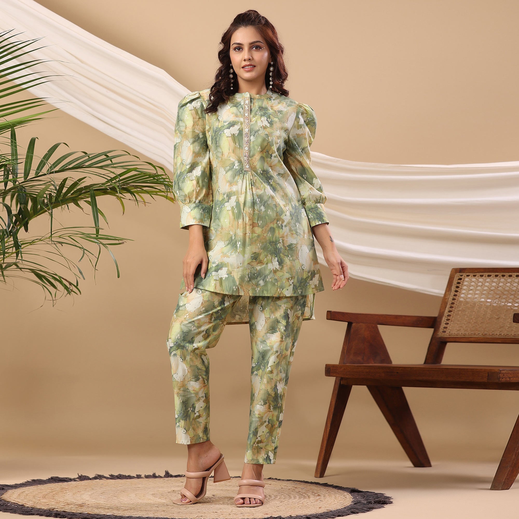 Green Floral Printed Cotton Silk Co Ord Set