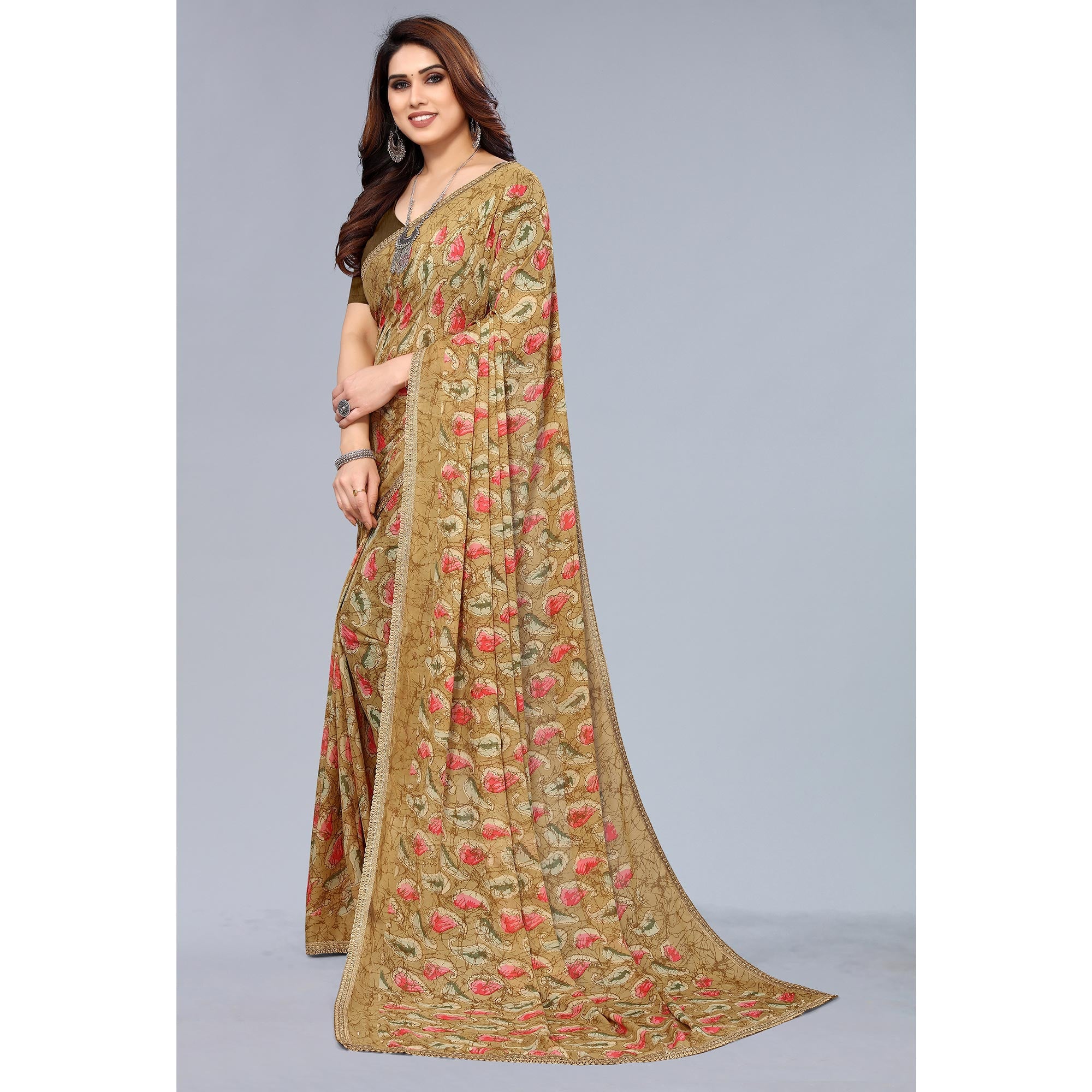 Beige Printed Georgette Saree With Crochet Border