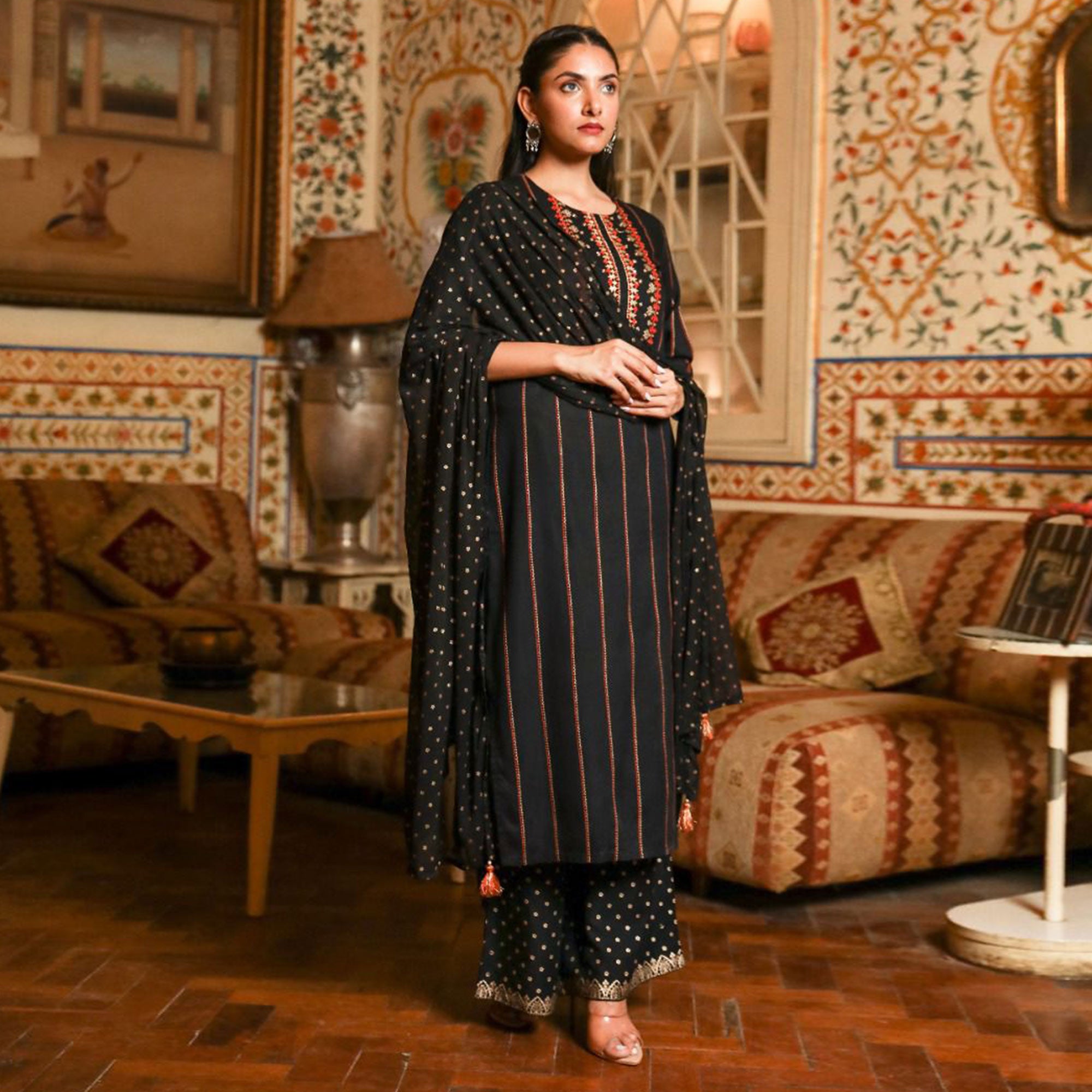 Black Printed With Embroidered Rayon Palazzo Suit