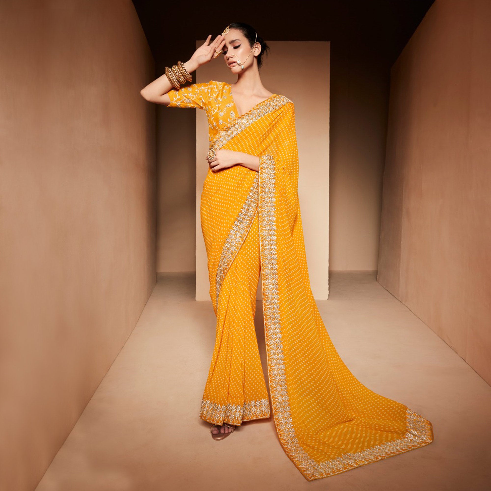 Yellow Bandhani Printed With Embroidered Border Georgette Saree